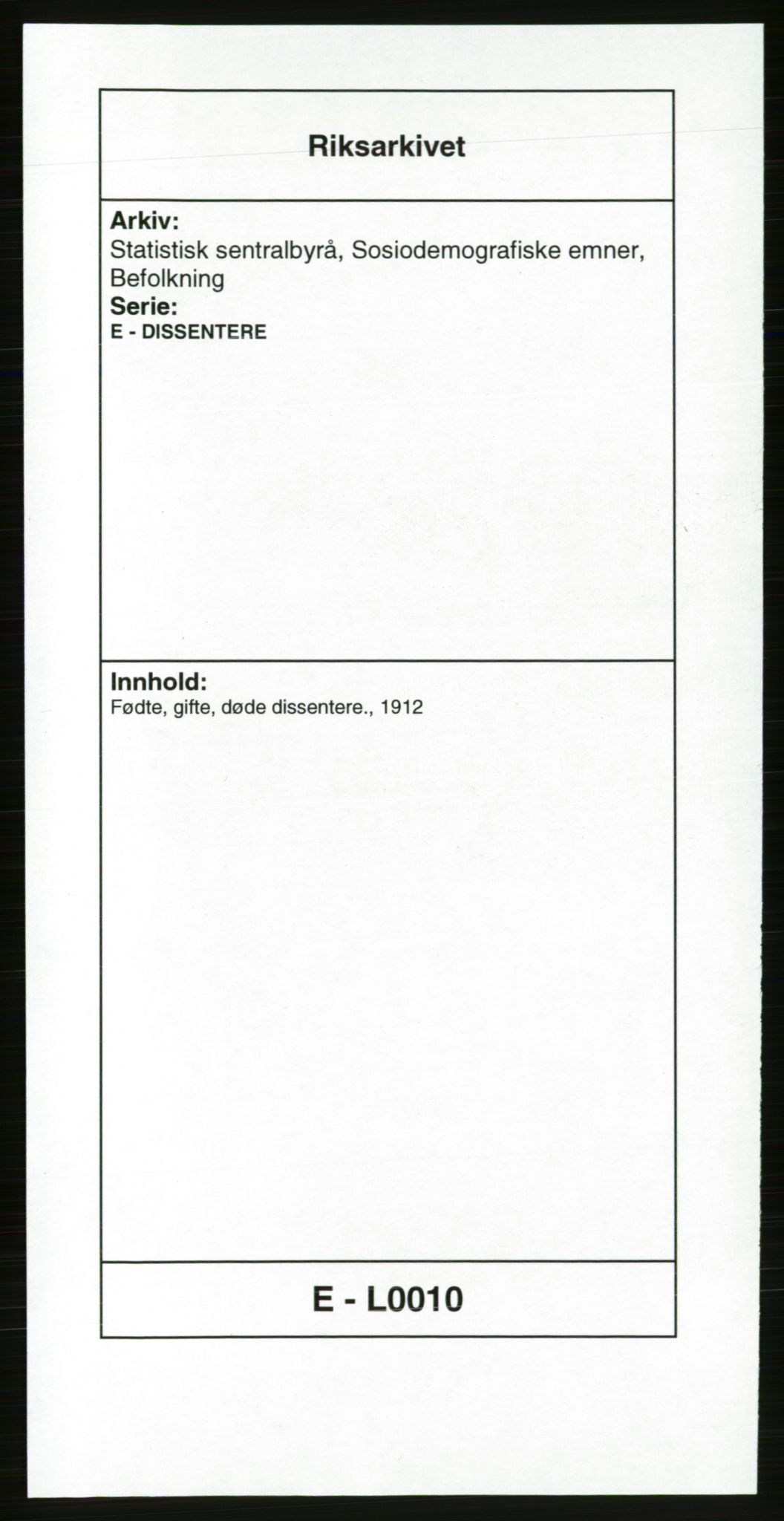 Statistisk sentralbyrå, Sosiodemografiske emner, Befolkning, AV/RA-S-2228/E/L0010: Fødte, gifte, døde dissentere., 1912, s. 1