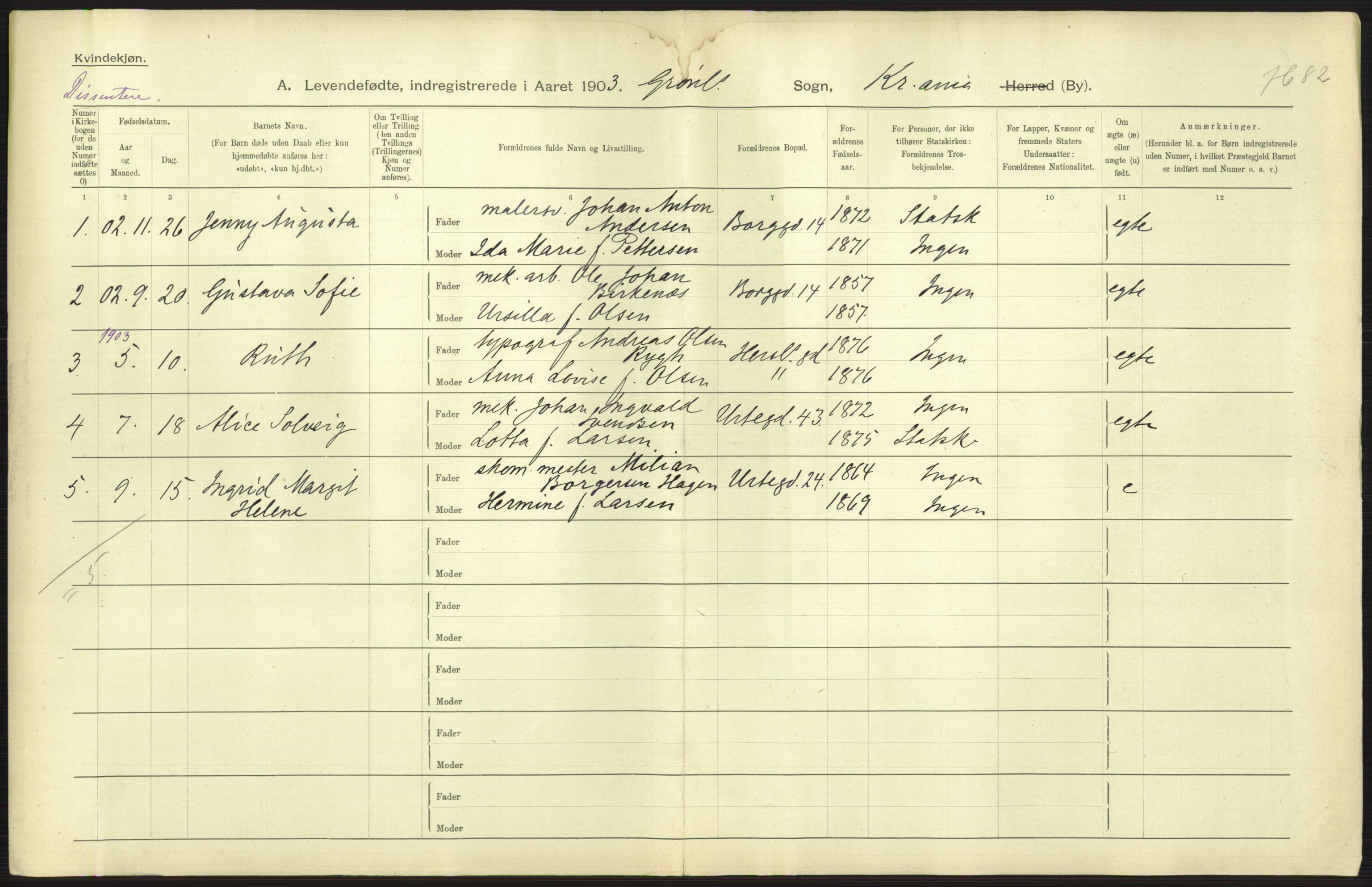 Statistisk sentralbyrå, Sosiodemografiske emner, Befolkning, AV/RA-S-2228/D/Df/Dfa/Dfaa/L0003: Kristiania: Fødte, 1903, s. 633