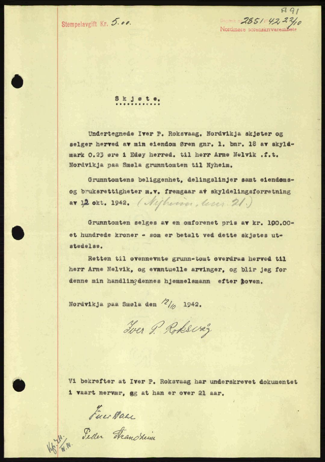 Nordmøre sorenskriveri, AV/SAT-A-4132/1/2/2Ca: Pantebok nr. A94, 1942-1943, Dagboknr: 2851/1942