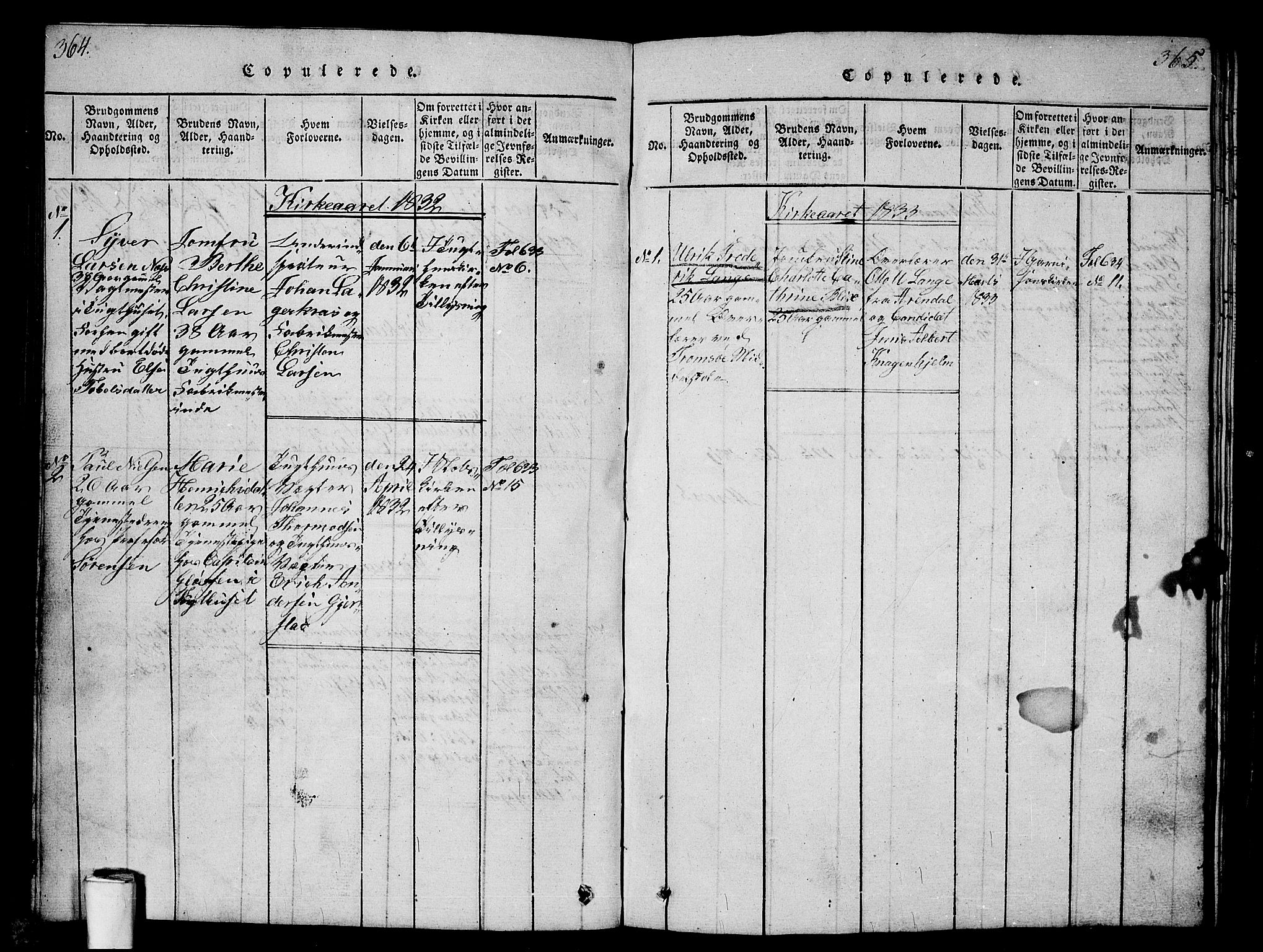 Kristiania tukthusprest Kirkebøker, SAO/A-10881/G/Ga/L0001: Klokkerbok nr. 1, 1818-1857, s. 364-365
