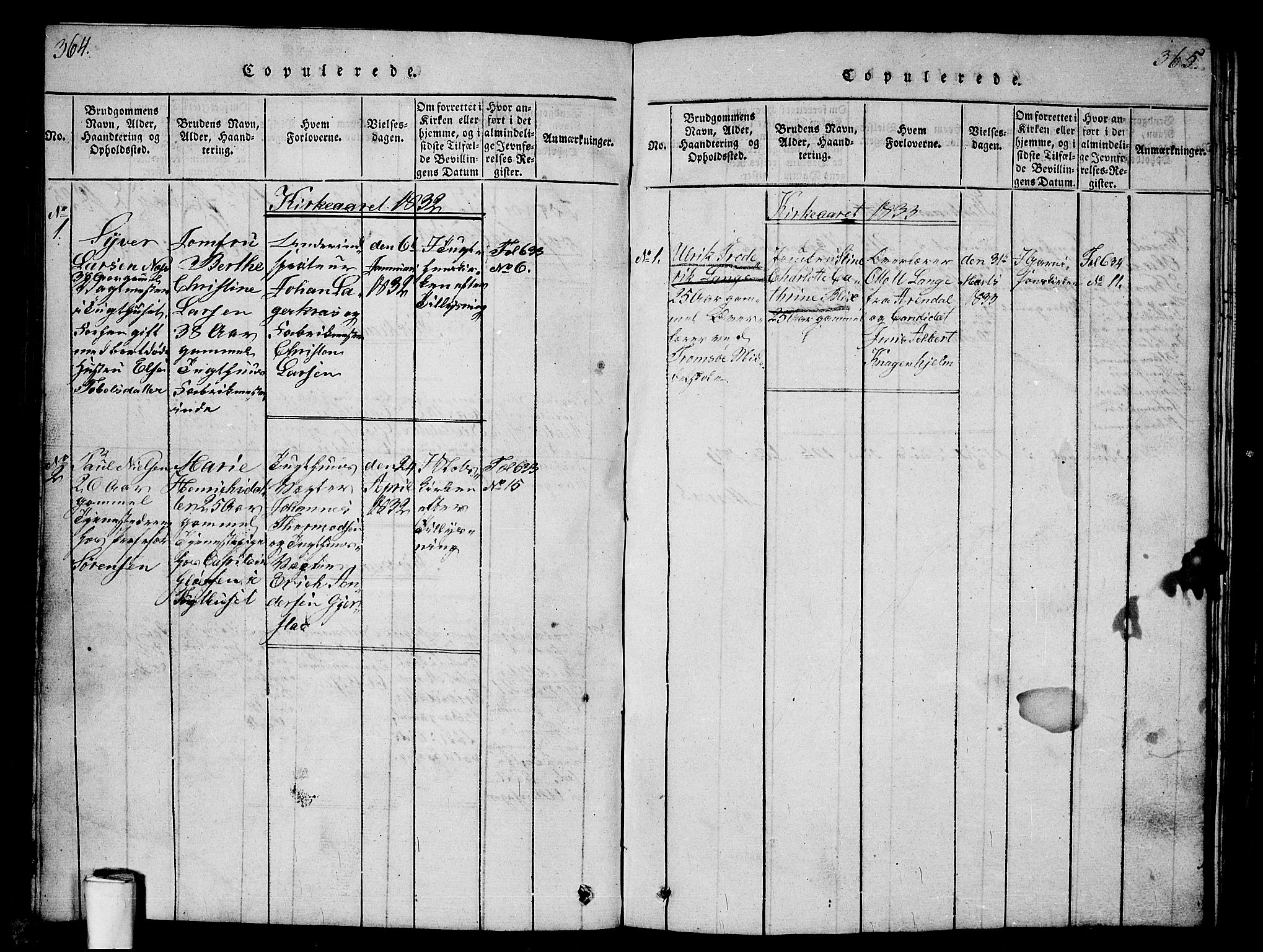 Kristiania tukthusprest Kirkebøker, AV/SAO-A-10881/G/Ga/L0001: Klokkerbok nr. 1, 1818-1857, s. 364-365