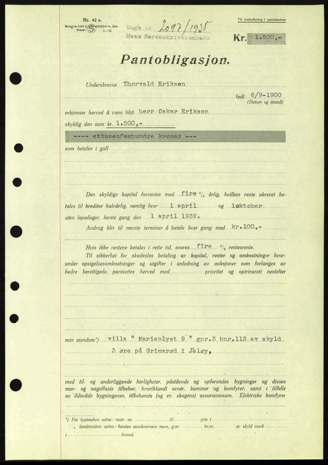 Moss sorenskriveri, SAO/A-10168: Pantebok nr. B6, 1938-1938, Dagboknr: 2097/1938