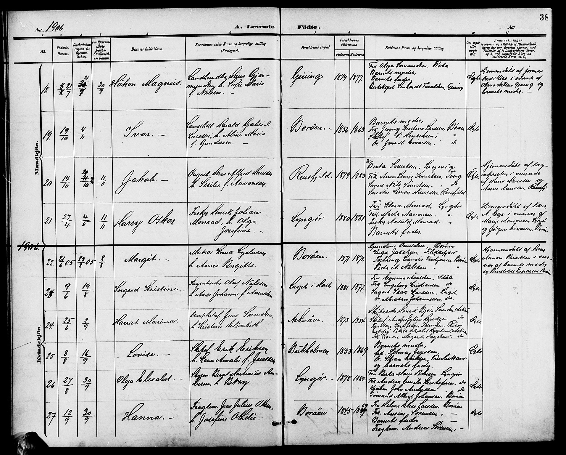 Dypvåg sokneprestkontor, AV/SAK-1111-0007/F/Fb/Fba/L0014: Klokkerbok nr. B 14, 1901-1922, s. 38