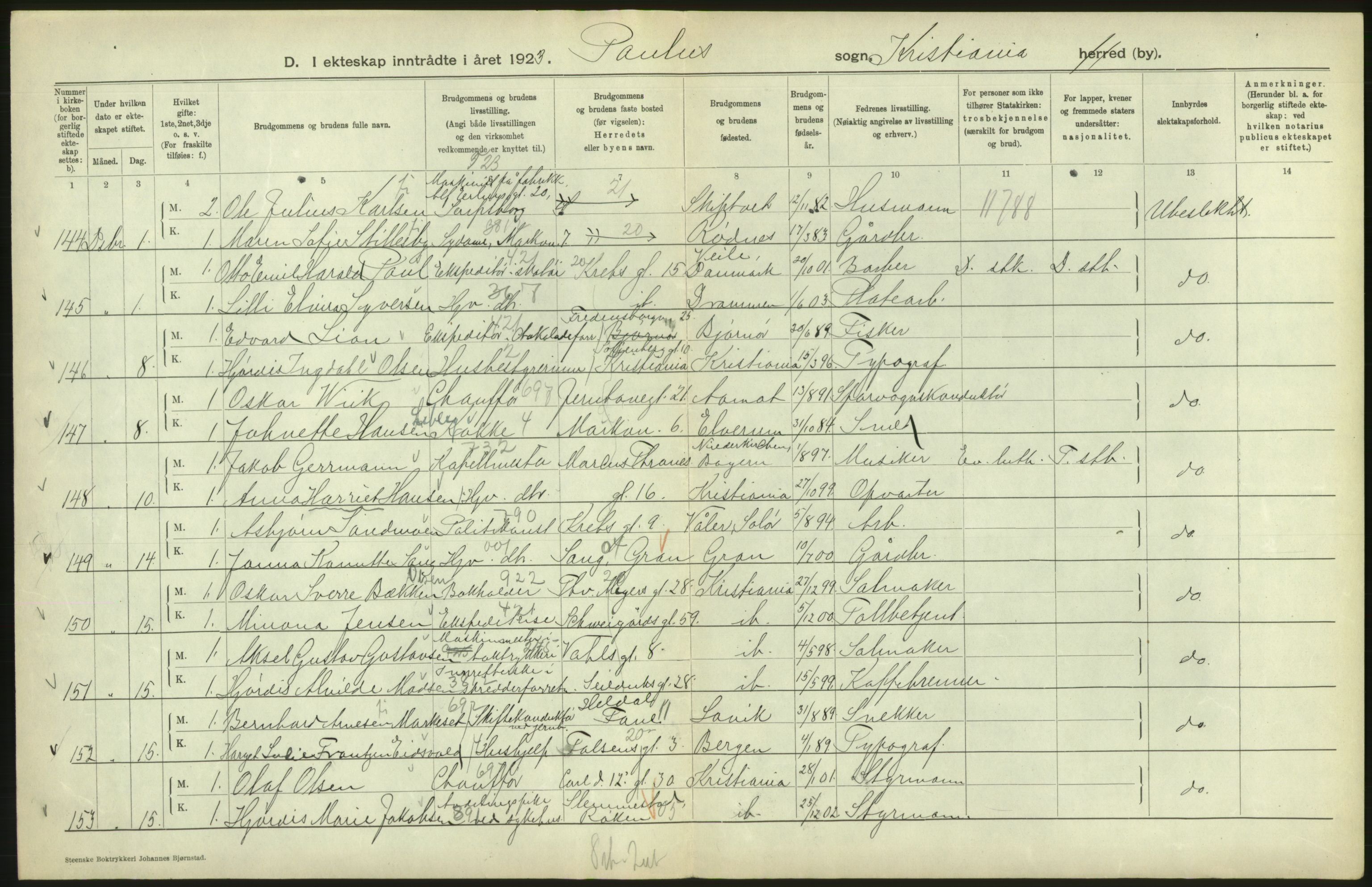 Statistisk sentralbyrå, Sosiodemografiske emner, Befolkning, RA/S-2228/D/Df/Dfc/Dfcc/L0008: Kristiania: Gifte, 1923, s. 112