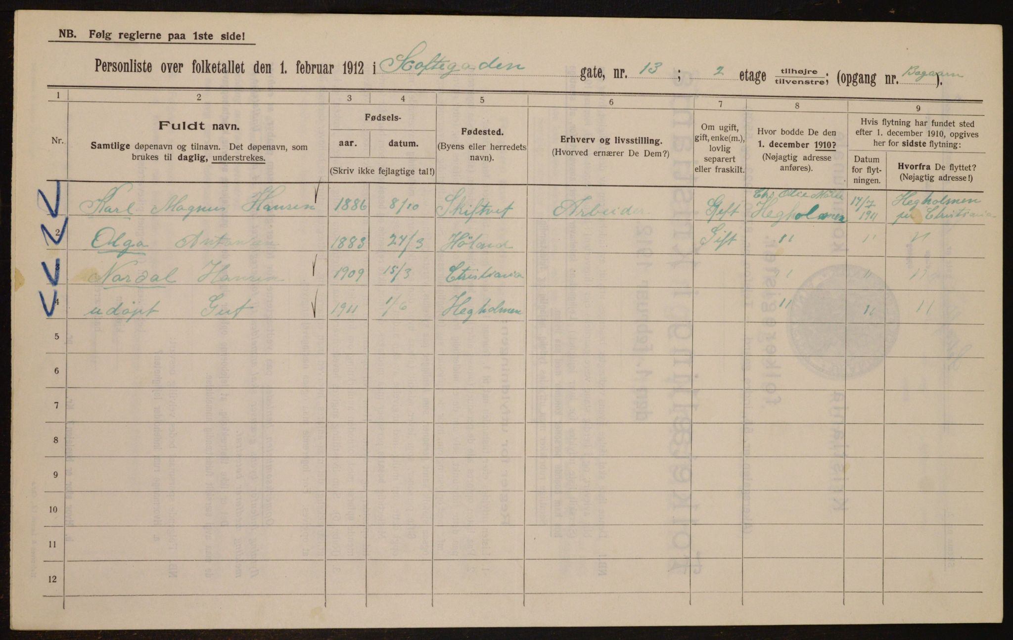 OBA, Kommunal folketelling 1.2.1912 for Kristiania, 1912, s. 89670