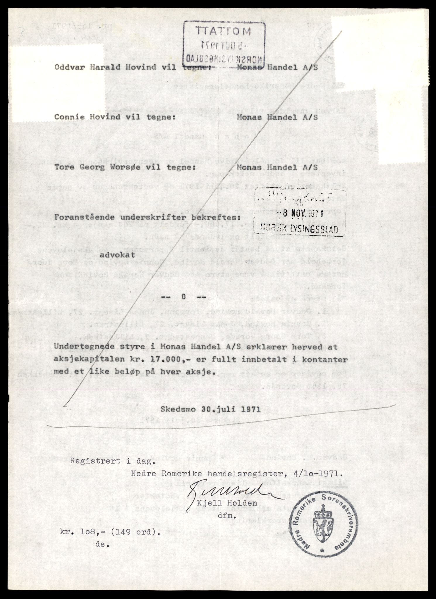 Nedre Romerike sorenskriveri, SAT/A-10469/K/Ke/Keb/L0009: Enkeltmannsforetak, aksjeselskap og andelslag, Mon - Nor, 1944-1989