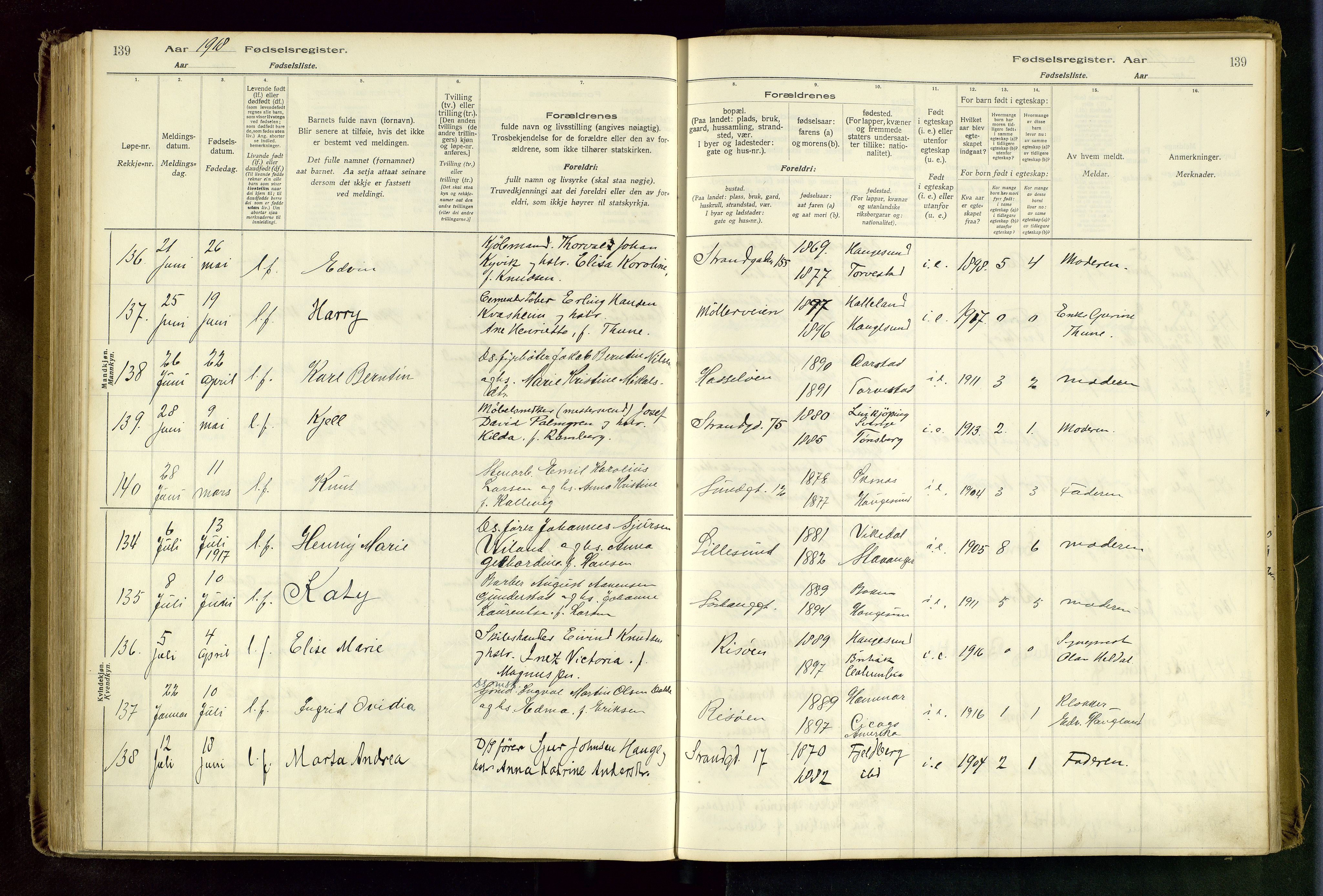 Haugesund sokneprestkontor, AV/SAST-A -101863/I/Id/L0003: Fødselsregister nr. 1, 1916-1919, s. 139