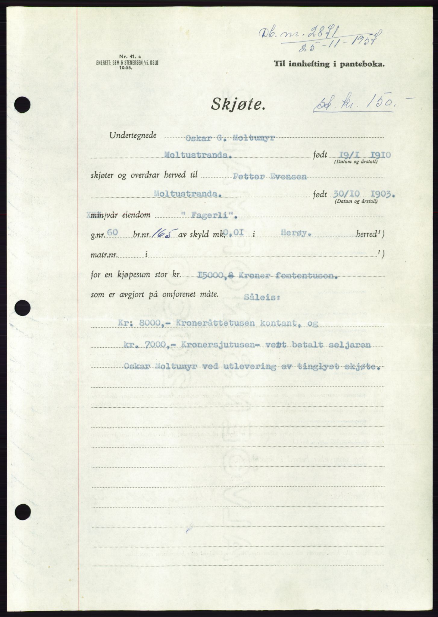 Søre Sunnmøre sorenskriveri, AV/SAT-A-4122/1/2/2C/L0108: Pantebok nr. 34A, 1957-1958, Dagboknr: 2871/1957