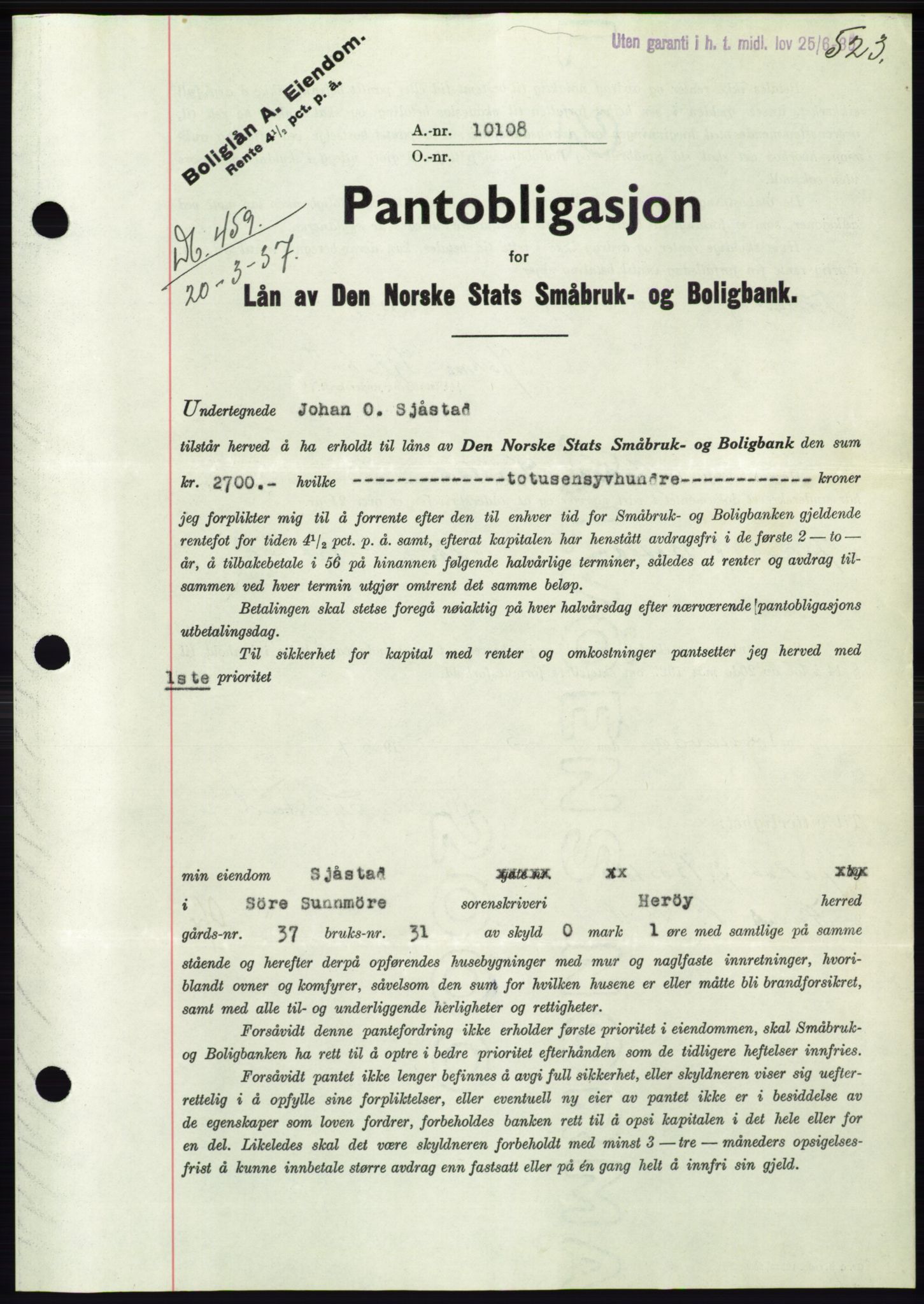 Søre Sunnmøre sorenskriveri, SAT/A-4122/1/2/2C/L0062: Pantebok nr. 56, 1936-1937, Dagboknr: 459/1937