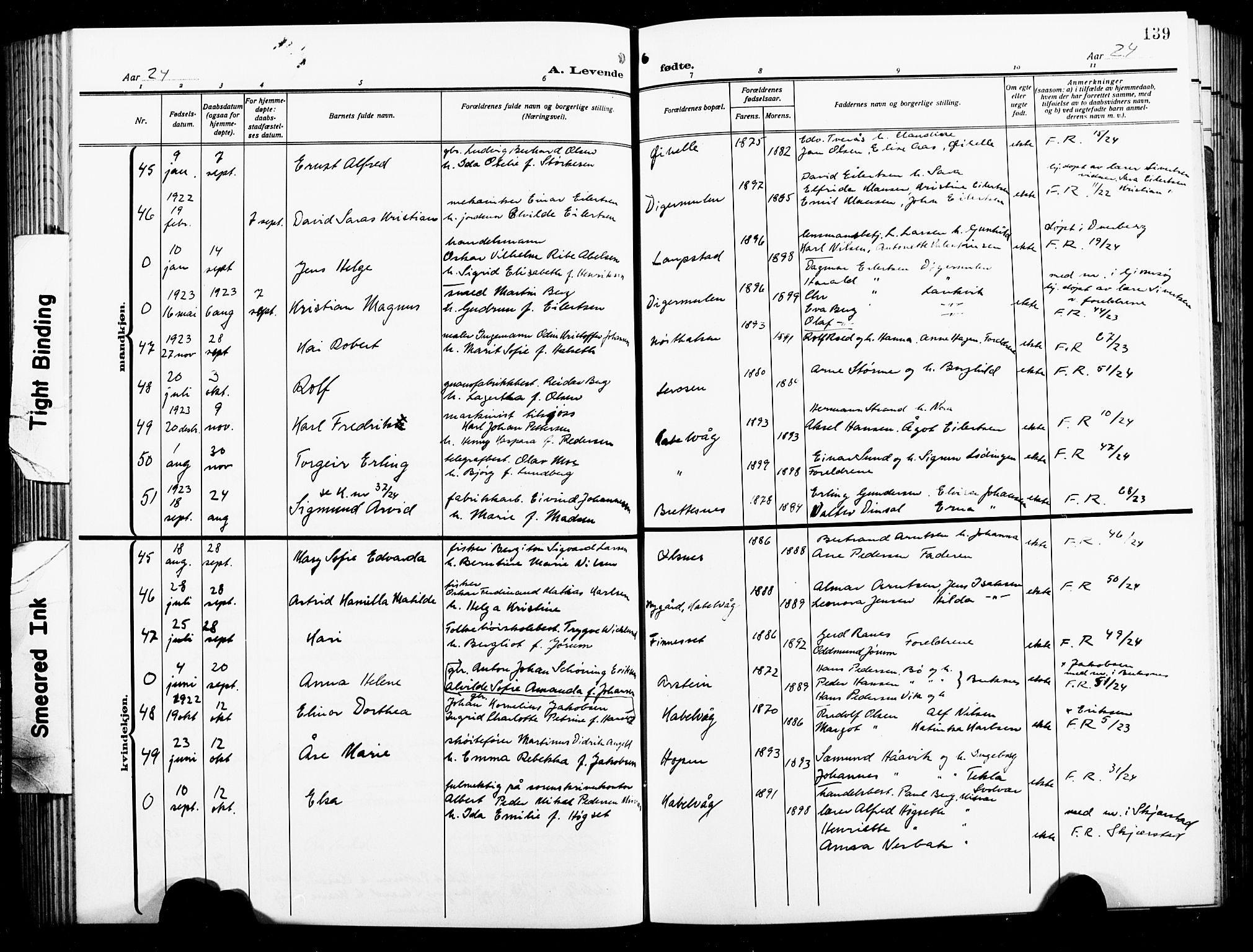 Ministerialprotokoller, klokkerbøker og fødselsregistre - Nordland, AV/SAT-A-1459/874/L1080: Klokkerbok nr. 874C09, 1915-1925, s. 139