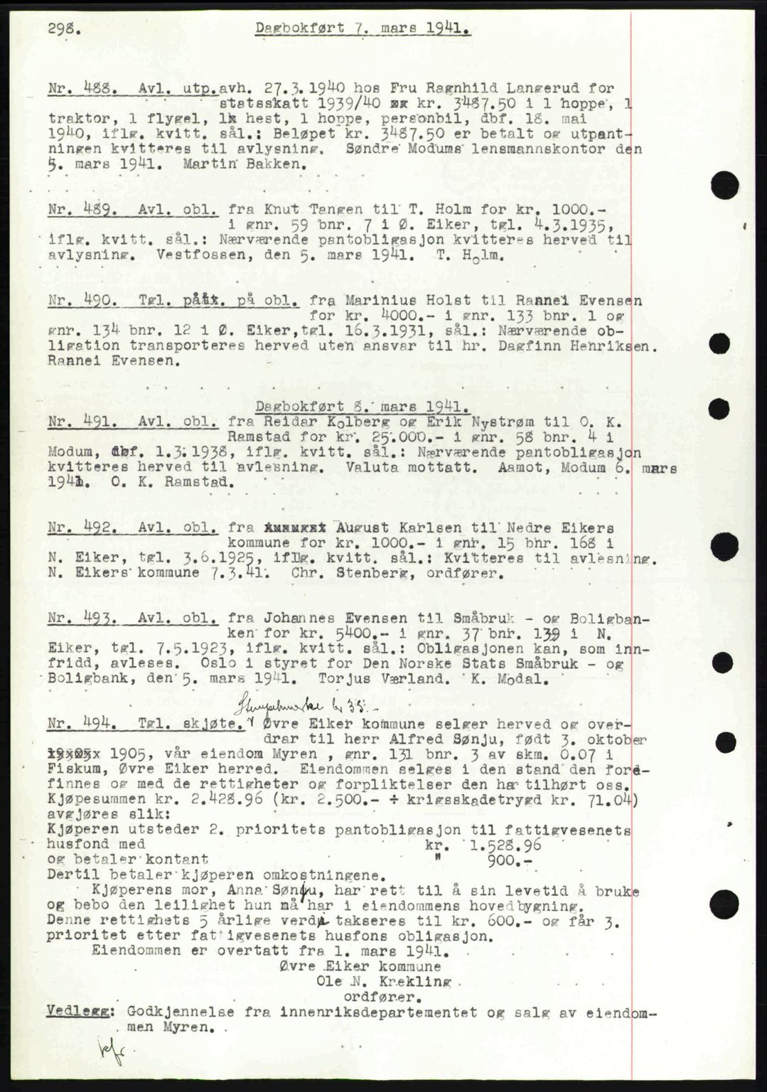 Eiker, Modum og Sigdal sorenskriveri, SAKO/A-123/G/Ga/Gab/L0043: Pantebok nr. A13, 1940-1941, Dagboknr: 488/1941