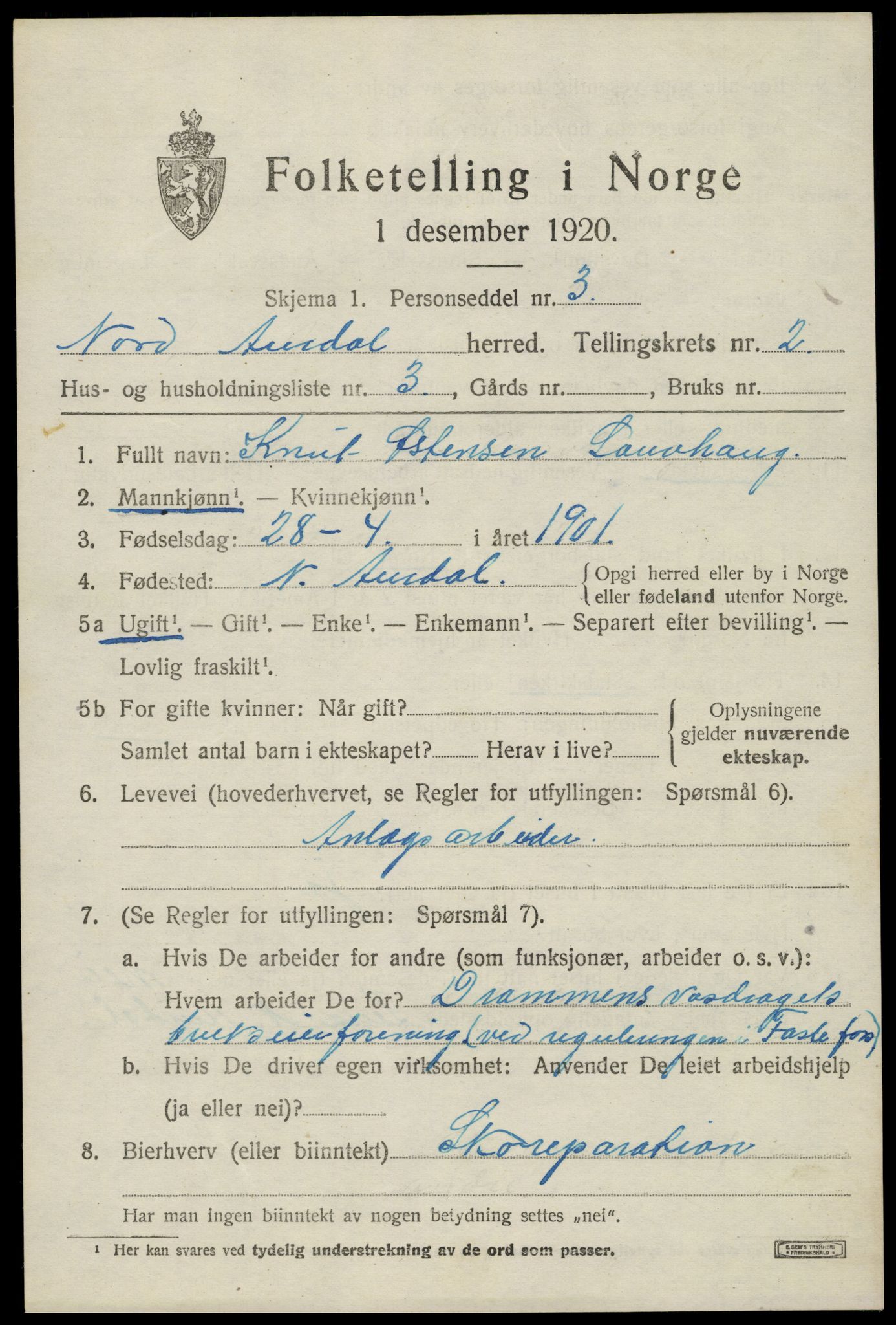 SAH, Folketelling 1920 for 0542 Nord-Aurdal herred, 1920, s. 3142