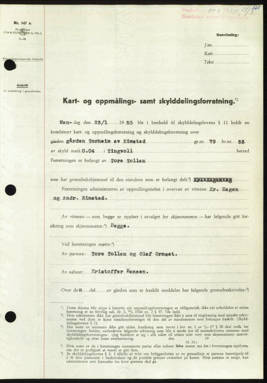 Nordmøre sorenskriveri, SAT/A-4132/1/2/2Ca: Pantebok nr. A114, 1950-1950, Dagboknr: 492/1950
