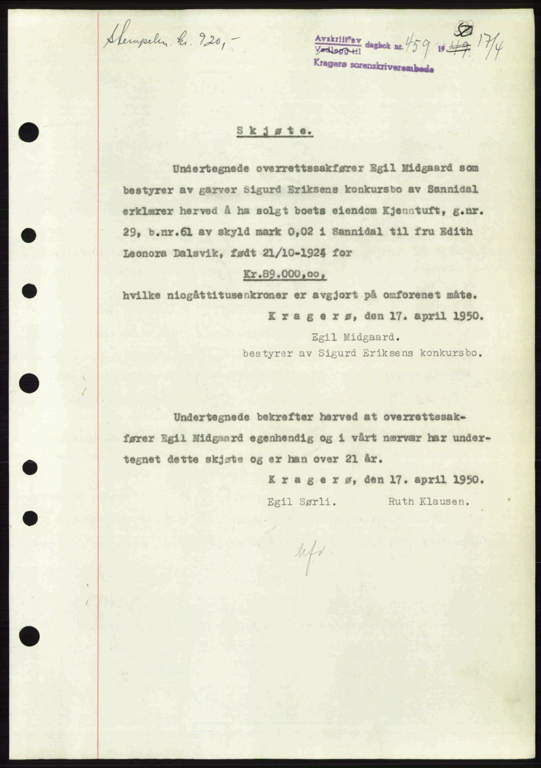 Kragerø sorenskriveri, SAKO/A-65/G/Ga/Gac/L0003: Pantebok nr. A-3, 1949-1950, Dagboknr: 459/1950
