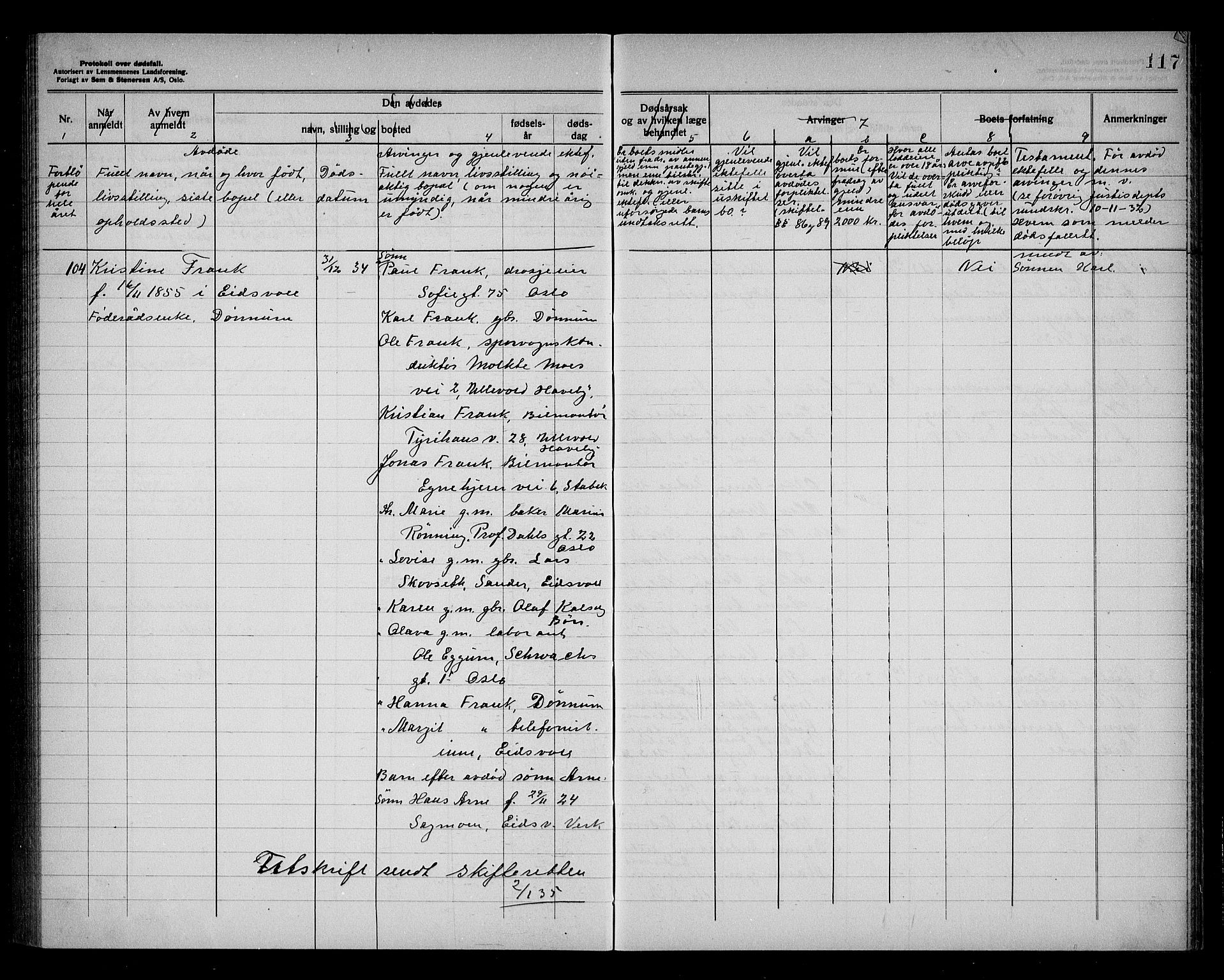 Eidsvoll lensmannskontor, SAO/A-10266a/H/Ha/Haa/L0006: Dødsfallprotokoll, 1930-1936, s. 117