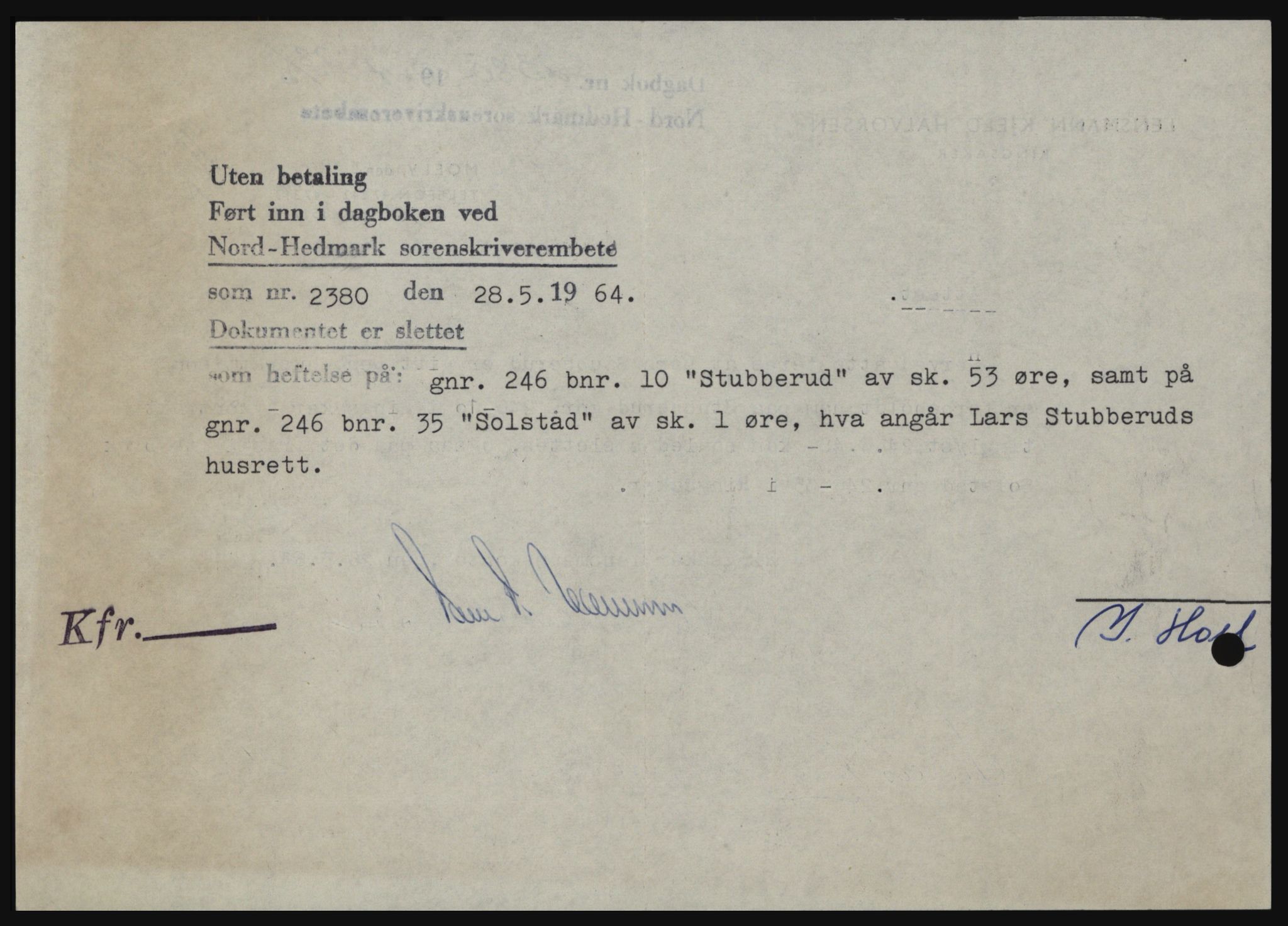 Nord-Hedmark sorenskriveri, SAH/TING-012/H/Hc/L0019: Pantebok nr. 19, 1963-1964, Dagboknr: 2380/1964