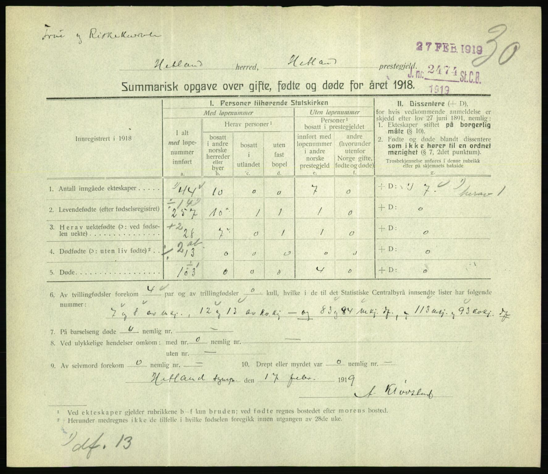 Statistisk sentralbyrå, Sosiodemografiske emner, Befolkning, RA/S-2228/D/Df/Dfb/Dfbh/L0059: Summariske oppgaver over gifte, fødte og døde for hele landet., 1918, s. 819