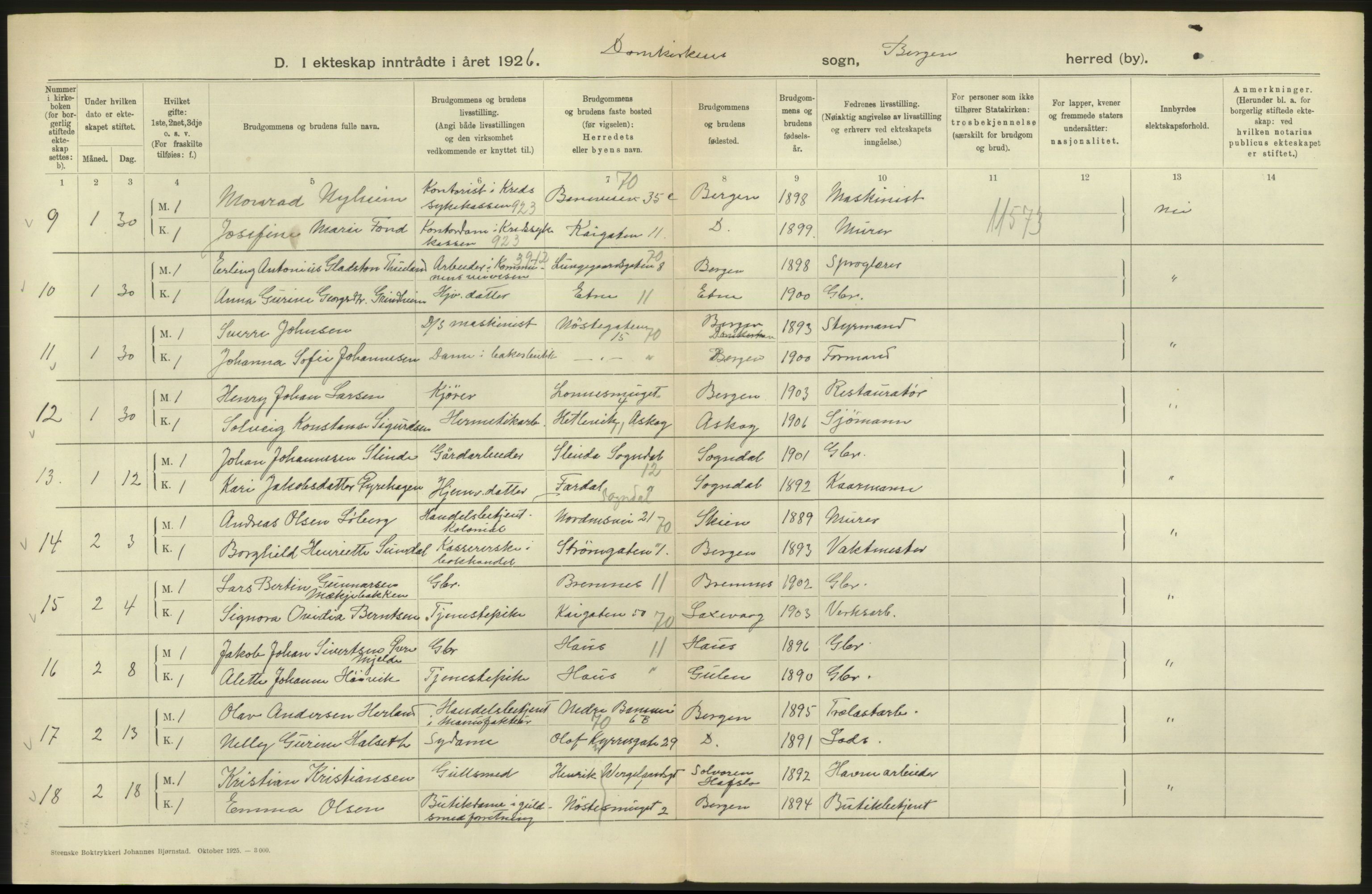 Statistisk sentralbyrå, Sosiodemografiske emner, Befolkning, RA/S-2228/D/Df/Dfc/Dfcf/L0028: Bergen: Gifte, døde, dødfødte., 1926, s. 254