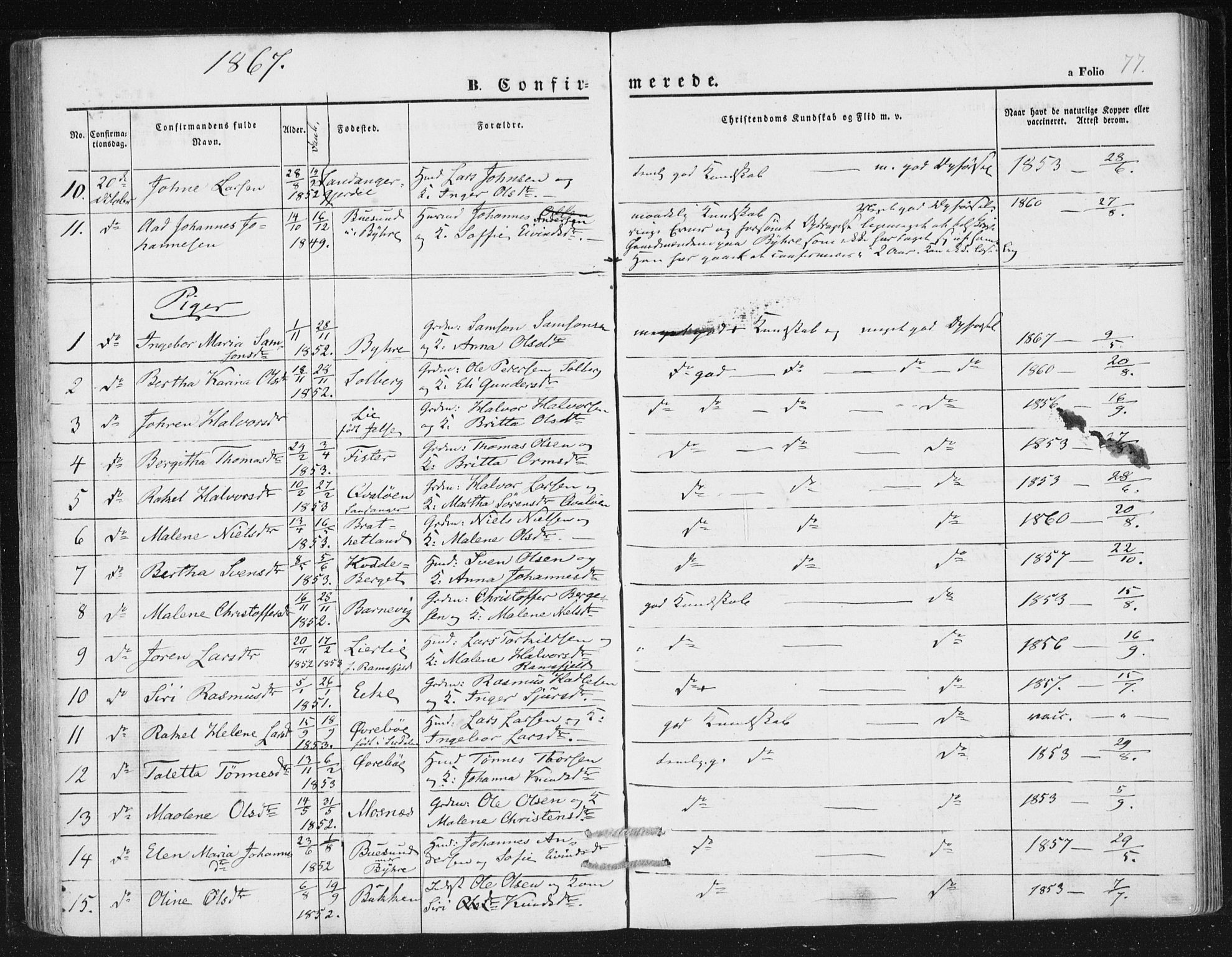 Hjelmeland sokneprestkontor, AV/SAST-A-101843/01/IV/L0010: Ministerialbok nr. A 10, 1851-1871, s. 77