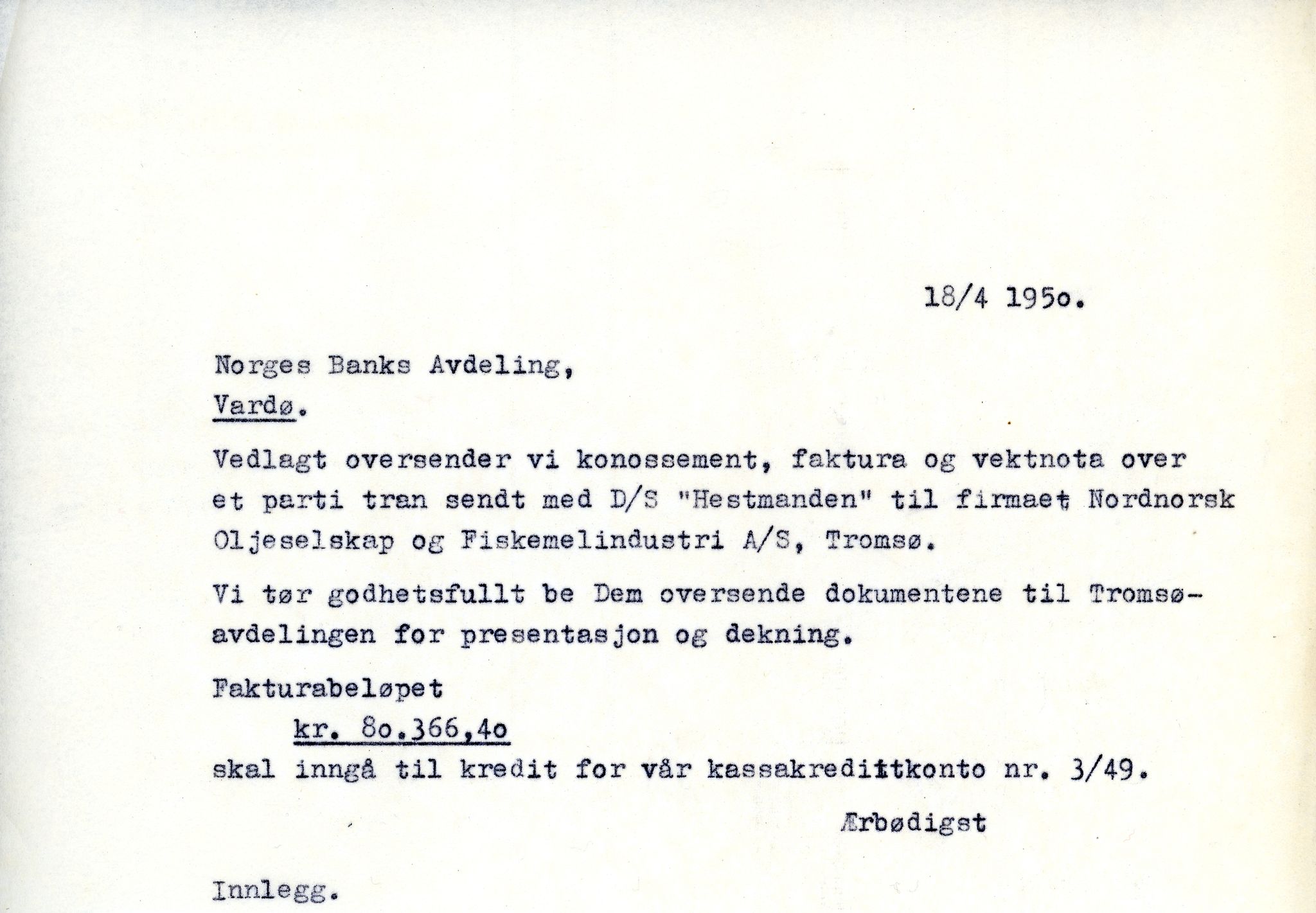 Vardø Fiskersamvirkelag, VAMU/A-0037/D/Da/L0005: Korrespondanse Ma-Re, 1947-1950