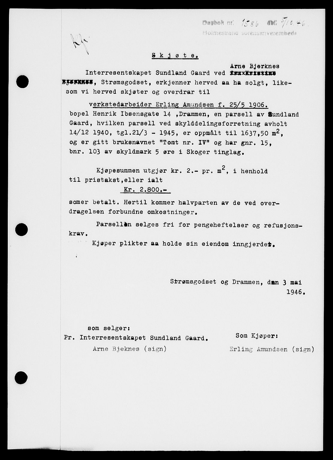 Holmestrand sorenskriveri, SAKO/A-67/G/Ga/Gaa/L0061: Pantebok nr. A-61, 1946-1947, Dagboknr: 1586/1946