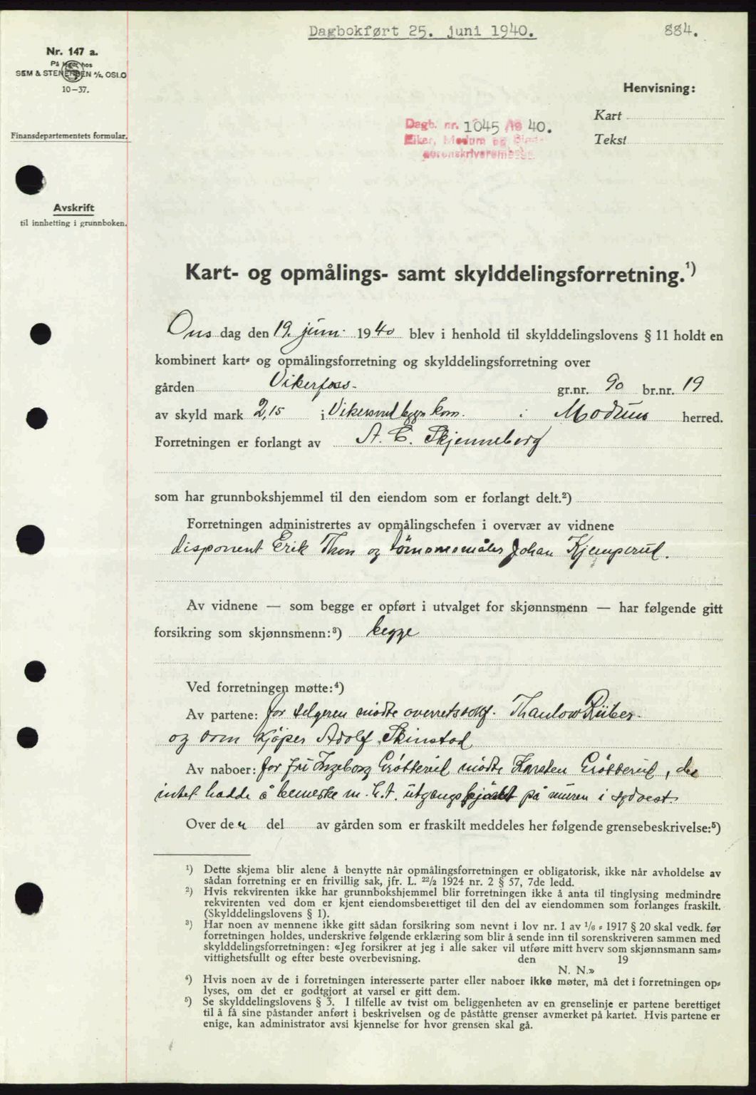 Eiker, Modum og Sigdal sorenskriveri, SAKO/A-123/G/Ga/Gab/L0041: Pantebok nr. A11, 1939-1940, Dagboknr: 1045/1940