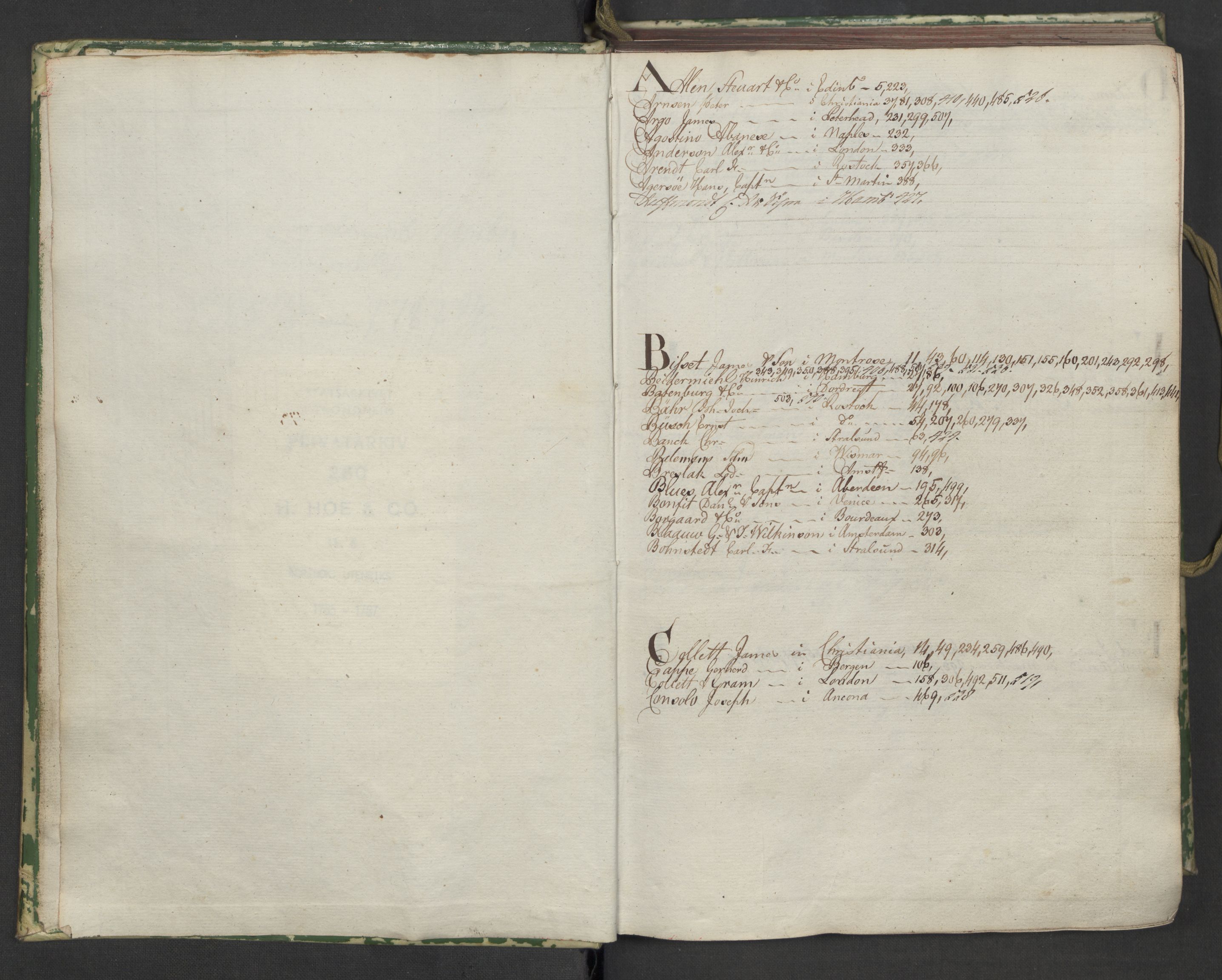 Hoë, Herman & Co, AV/SAT-PA-0280/11/L0006: Kopibok, utenriks, 1785-1787