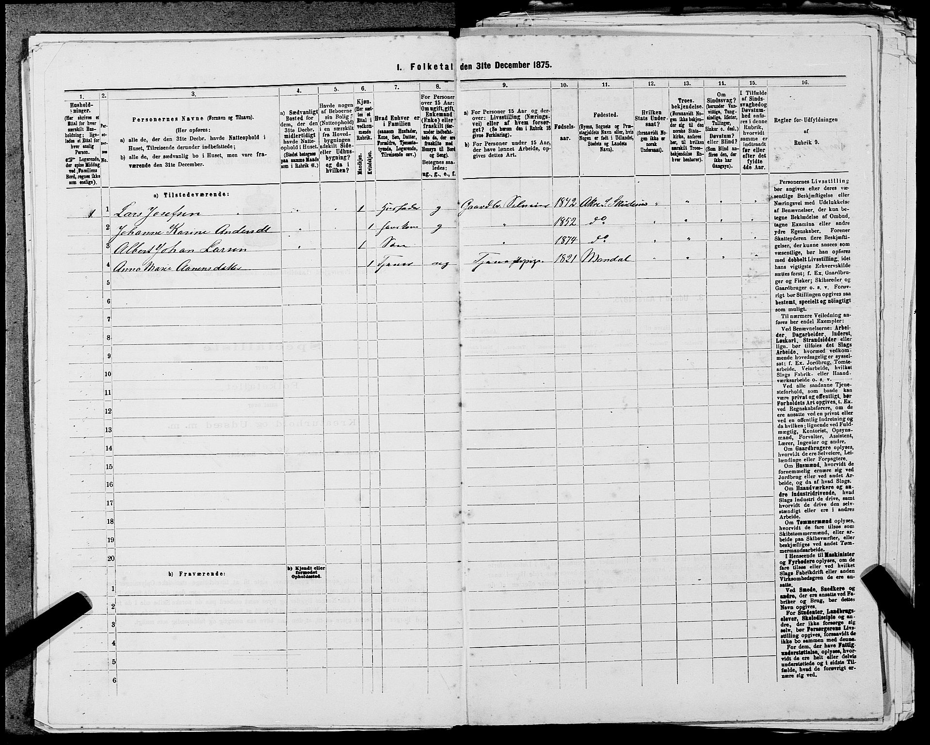 SAST, Folketelling 1875 for 1150L Skudenes prestegjeld, Falnes sokn, Åkra sokn og Ferkingstad sokn, 1875, s. 385