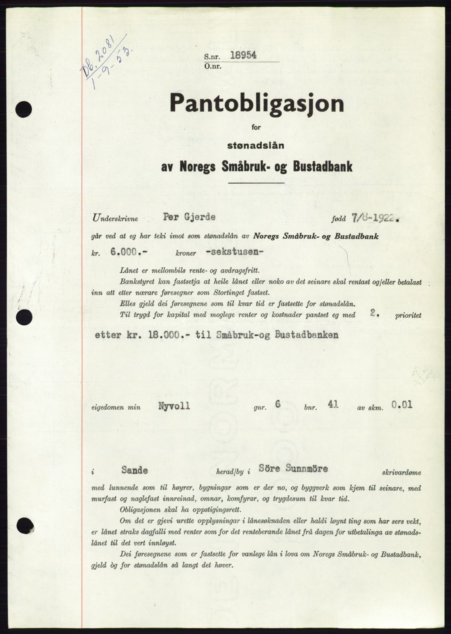 Søre Sunnmøre sorenskriveri, SAT/A-4122/1/2/2C/L0123: Pantebok nr. 11B, 1953-1953, Dagboknr: 2081/1953