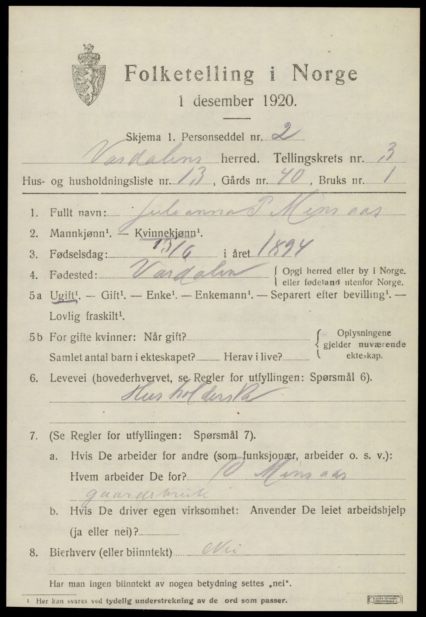 SAT, Folketelling 1920 for 1721 Verdal herred, 1920, s. 6825