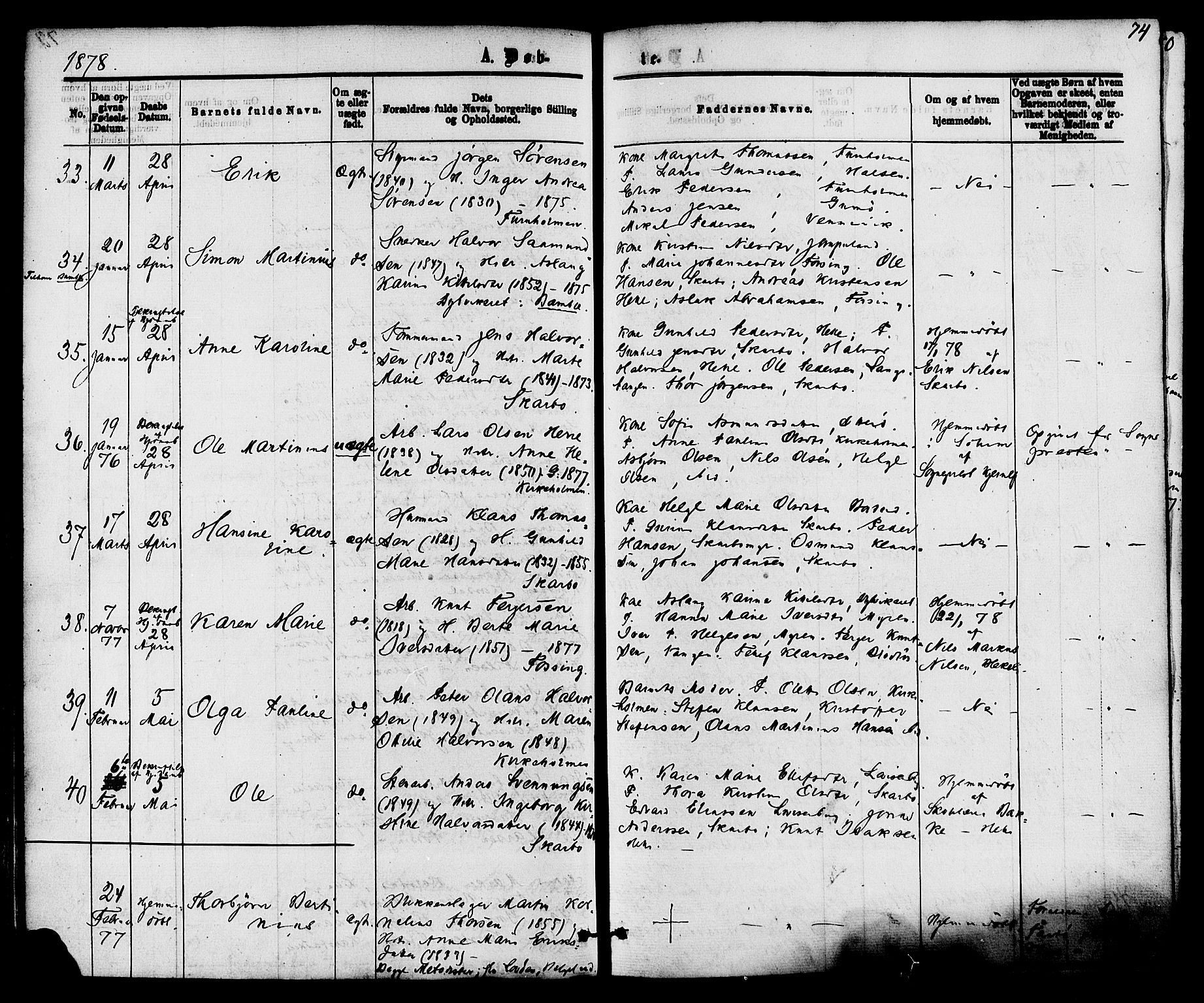 Skåtøy kirkebøker, AV/SAKO-A-304/F/Fa/L0001: Ministerialbok nr. I 1, 1874-1883, s. 74