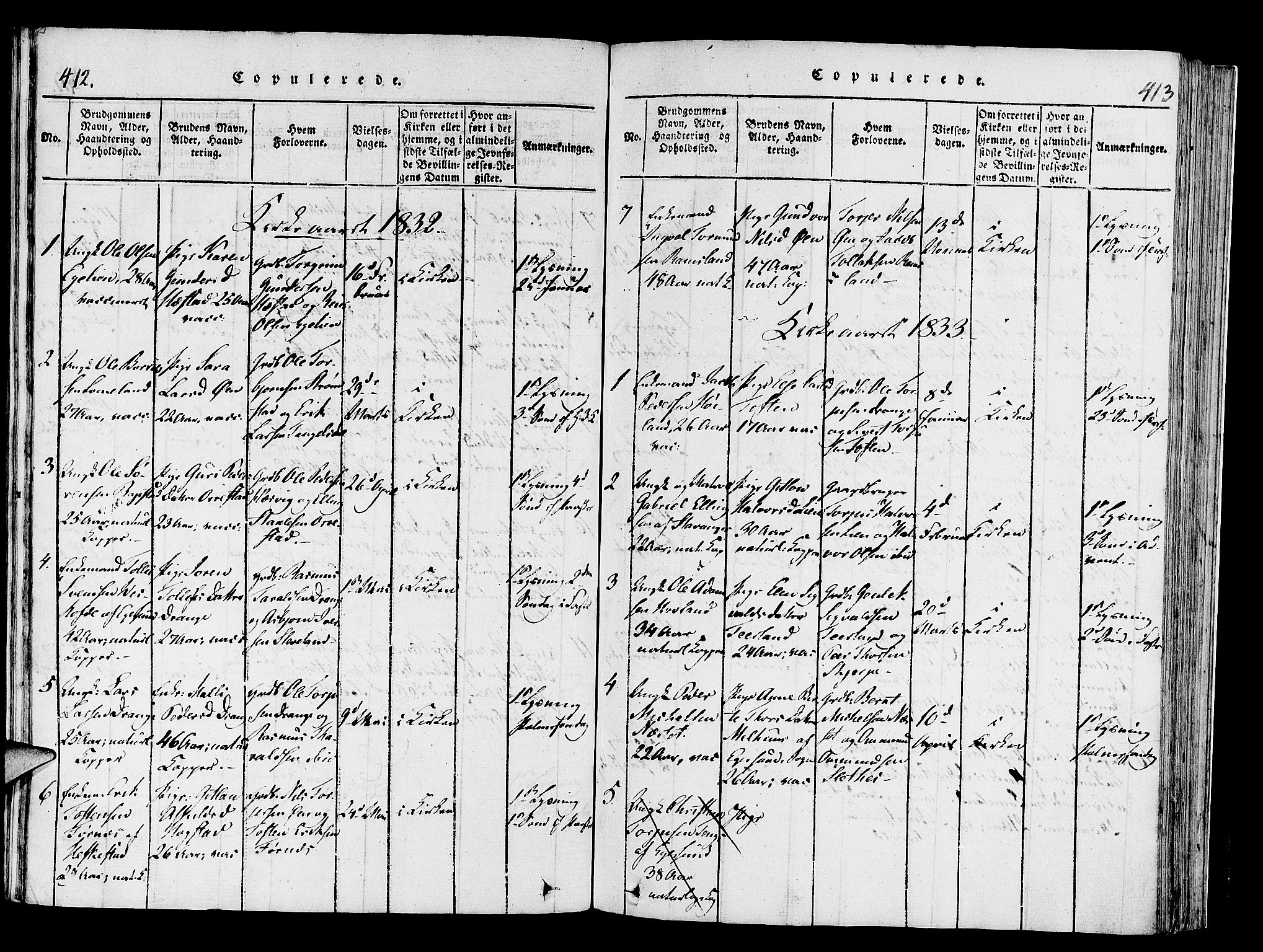 Helleland sokneprestkontor, SAST/A-101810: Ministerialbok nr. A 4, 1815-1834, s. 412-413