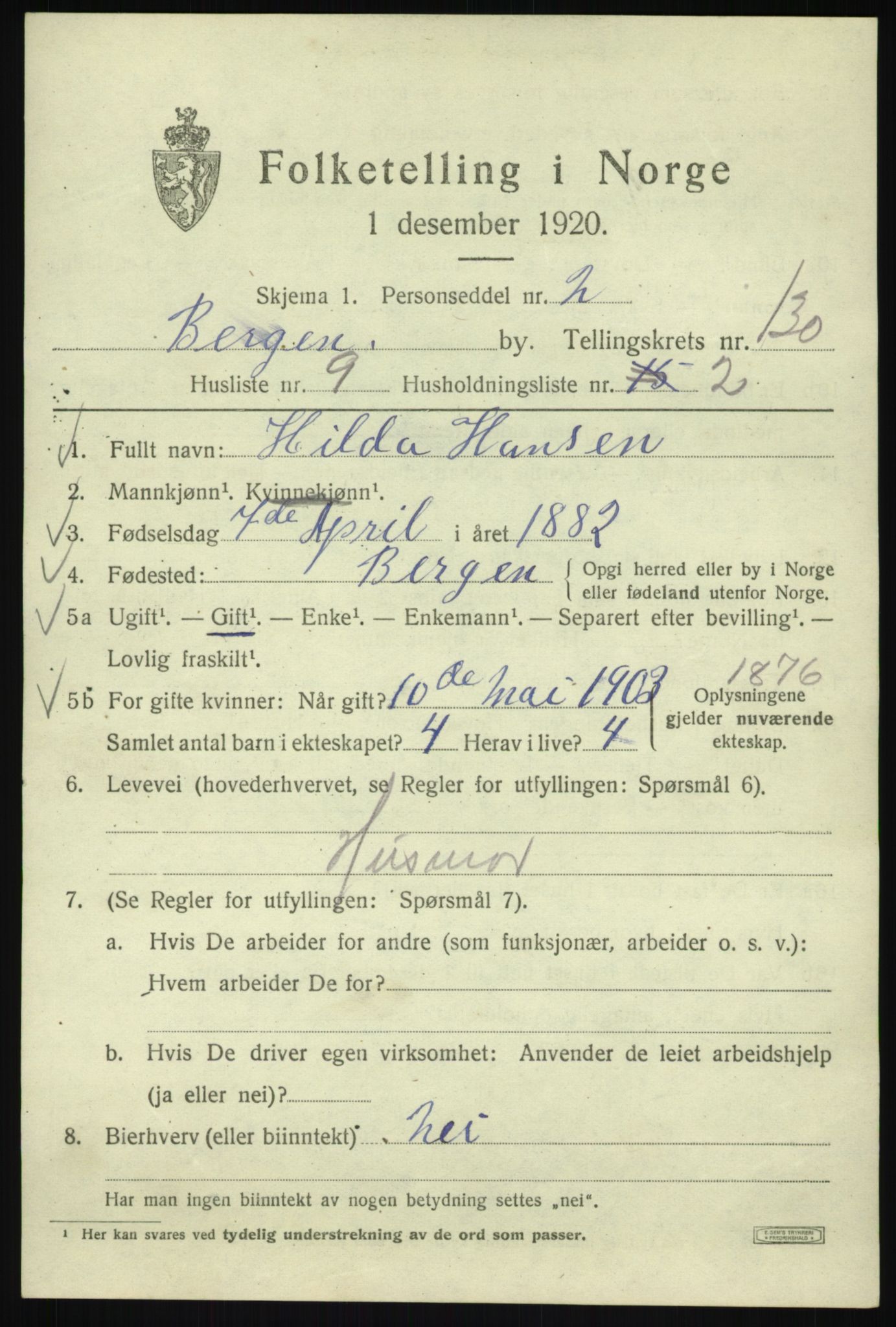 SAB, Folketelling 1920 for 1301 Bergen kjøpstad, 1920, s. 220351