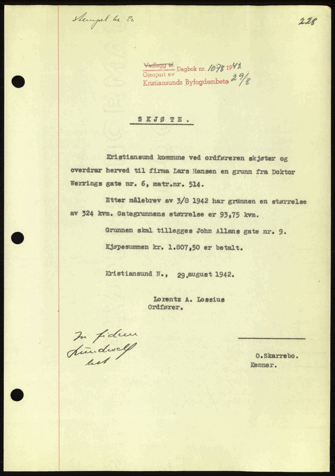 Kristiansund byfogd, AV/SAT-A-4587/A/27: Pantebok nr. 34, 1941-1945, Dagboknr: 1078/1942