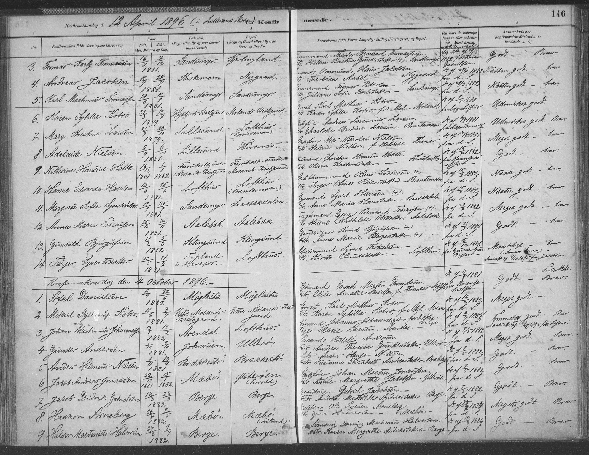 Vestre Moland sokneprestkontor, AV/SAK-1111-0046/F/Fa/Fab/L0009: Ministerialbok nr. A 9, 1884-1899, s. 146