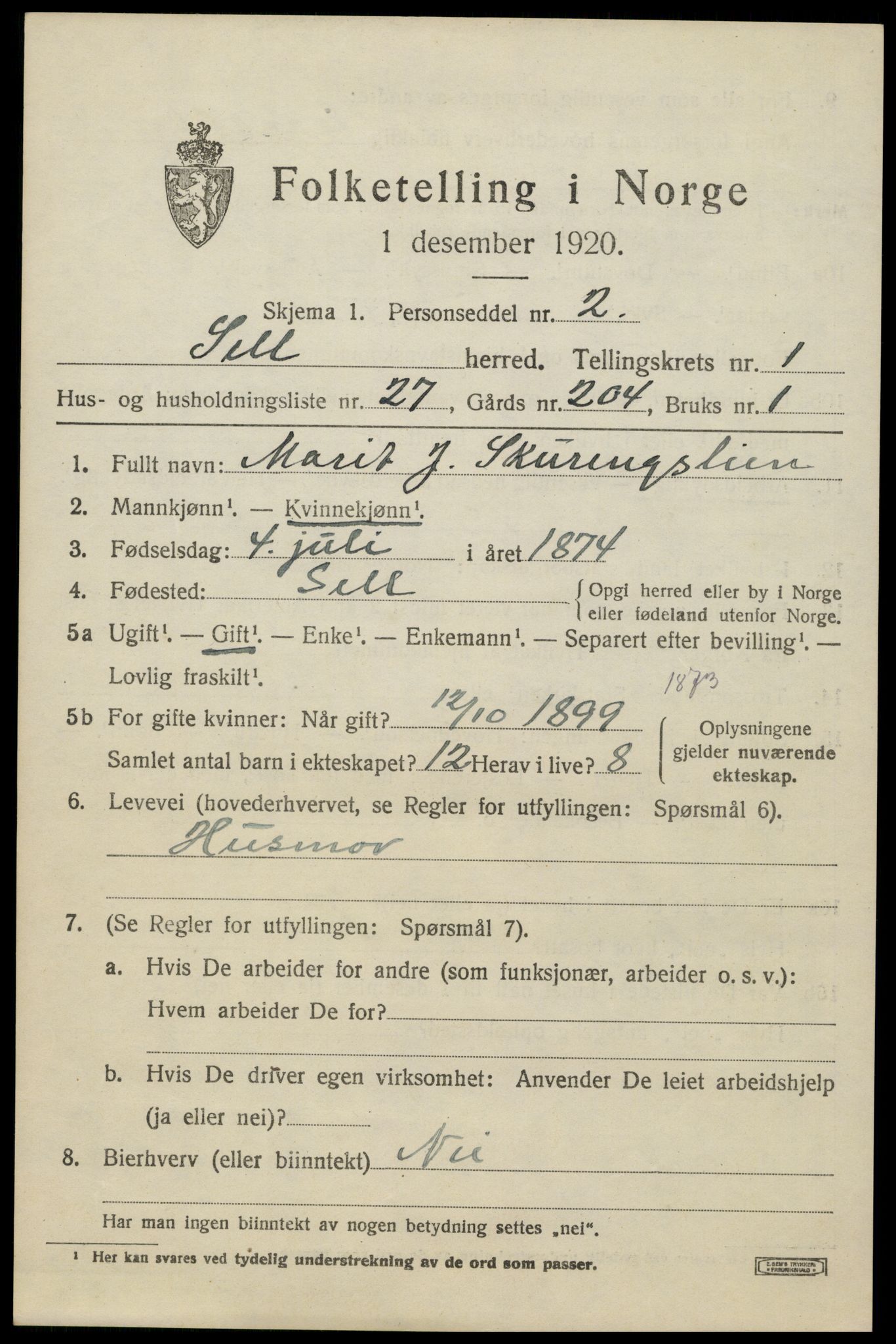 SAH, Folketelling 1920 for 0517 Sel herred, 1920, s. 1088