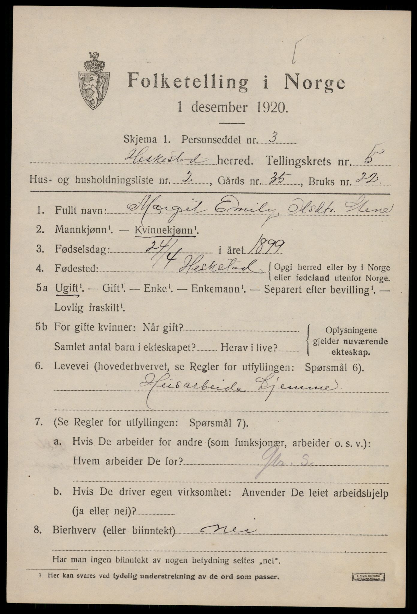 SAST, Folketelling 1920 for 1113 Heskestad herred, 1920, s. 1843