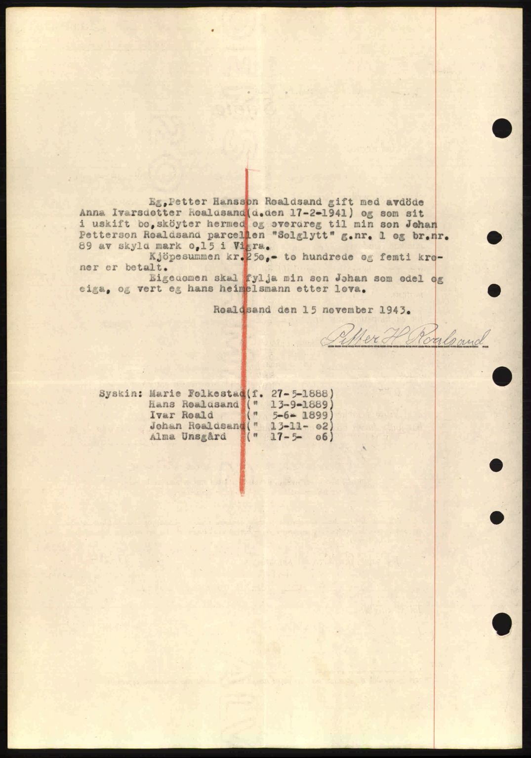 Nordre Sunnmøre sorenskriveri, AV/SAT-A-0006/1/2/2C/2Ca: Pantebok nr. A17, 1943-1944, Dagboknr: 1608/1943