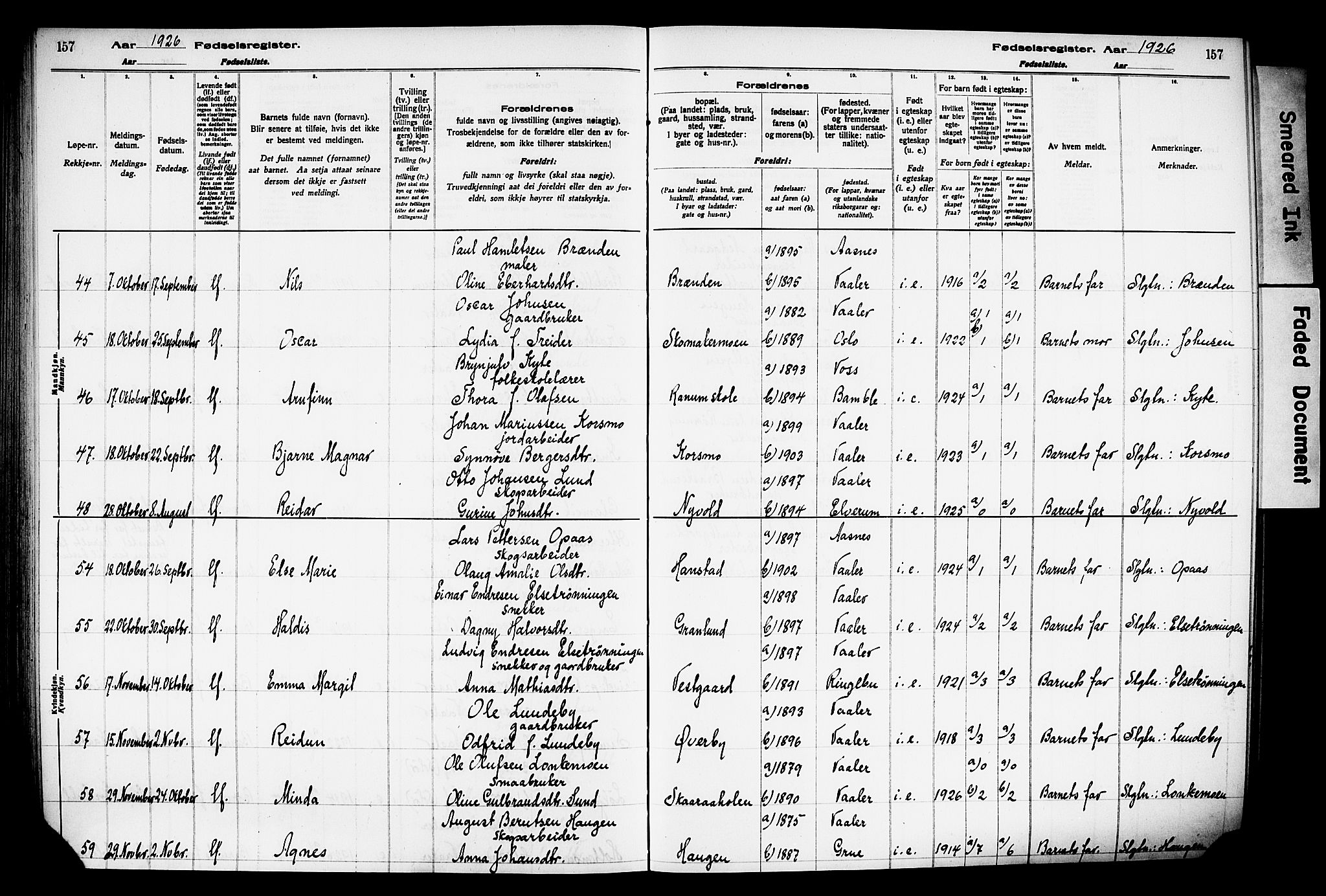 Våler prestekontor, Hedmark, AV/SAH-PREST-040/I/Id/L0001: Fødselsregister nr. 1, 1916-1930, s. 157