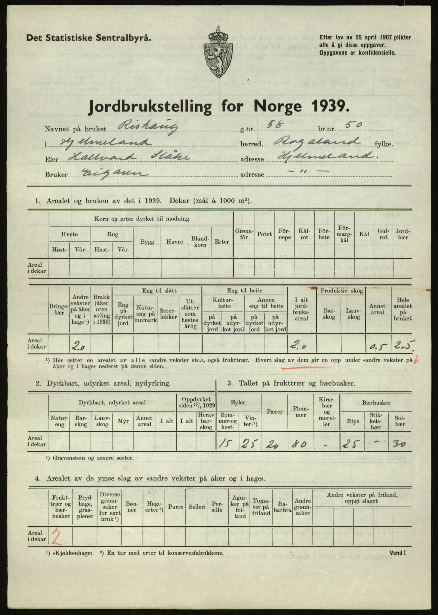 Statistisk sentralbyrå, Næringsøkonomiske emner, Jordbruk, skogbruk, jakt, fiske og fangst, AV/RA-S-2234/G/Gb/L0184: Rogaland: Årdal, Fister og Hjelmeland, 1939, s. 791