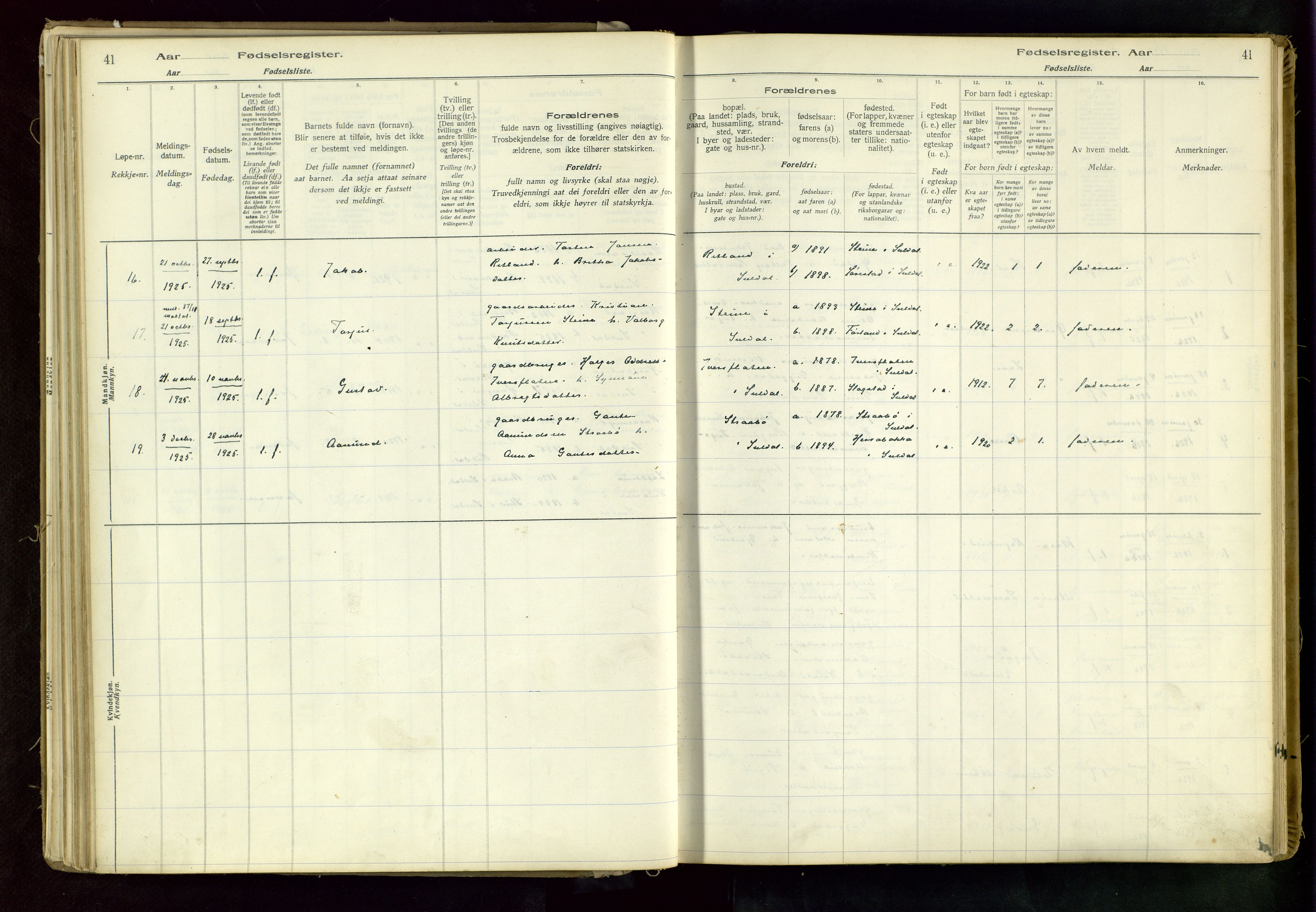 Suldal sokneprestkontor, AV/SAST-A-101845/03/A/L0002: Fødselsregister nr. 2, 1916-1982, s. 41