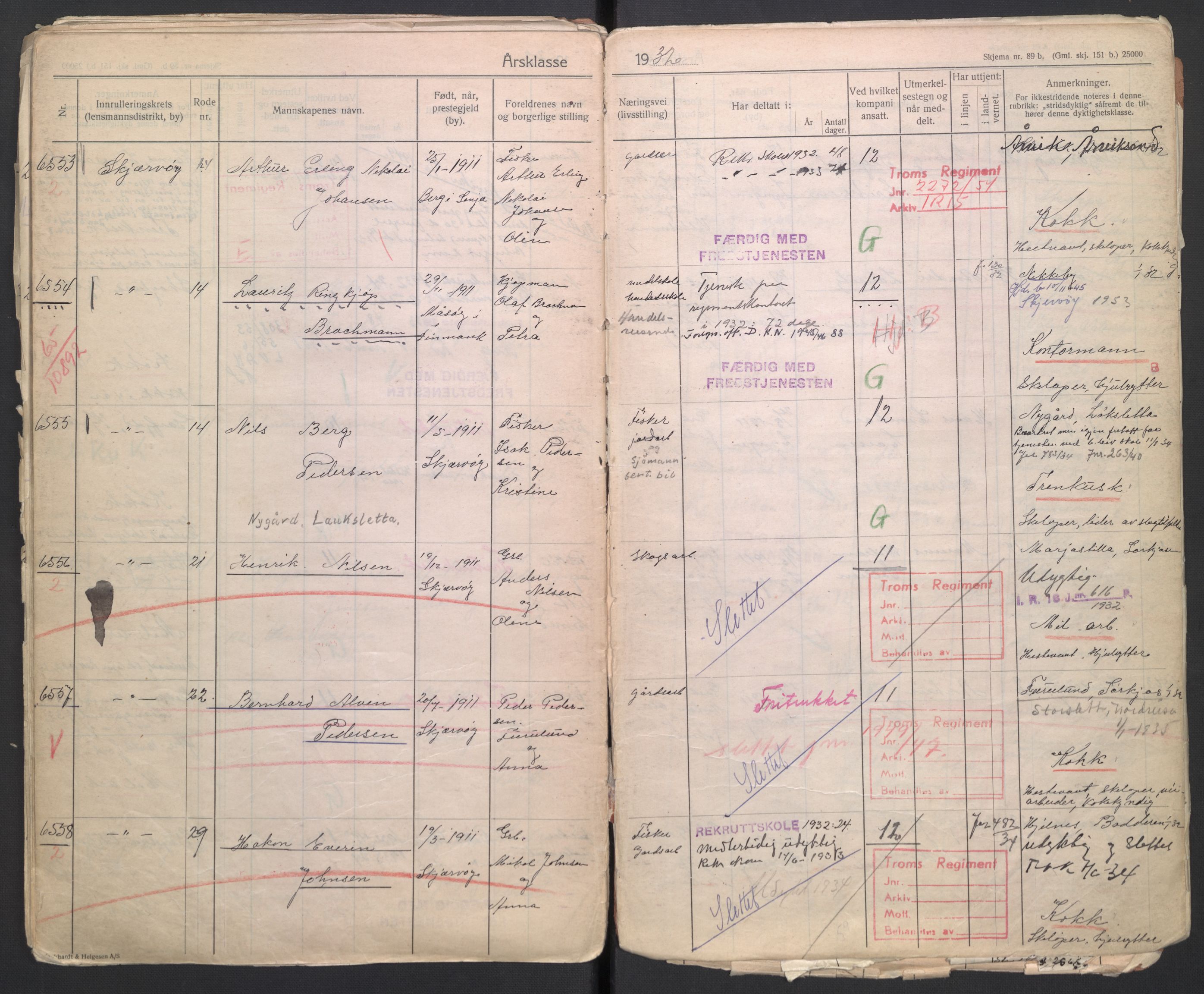 Forsvaret, Troms infanteriregiment nr. 16, AV/RA-RAFA-3146/P/Pa/L0006/0003: Ruller / Rulle for Lyngen bataljons menige mannskaper, årsklasse 1932, 1932