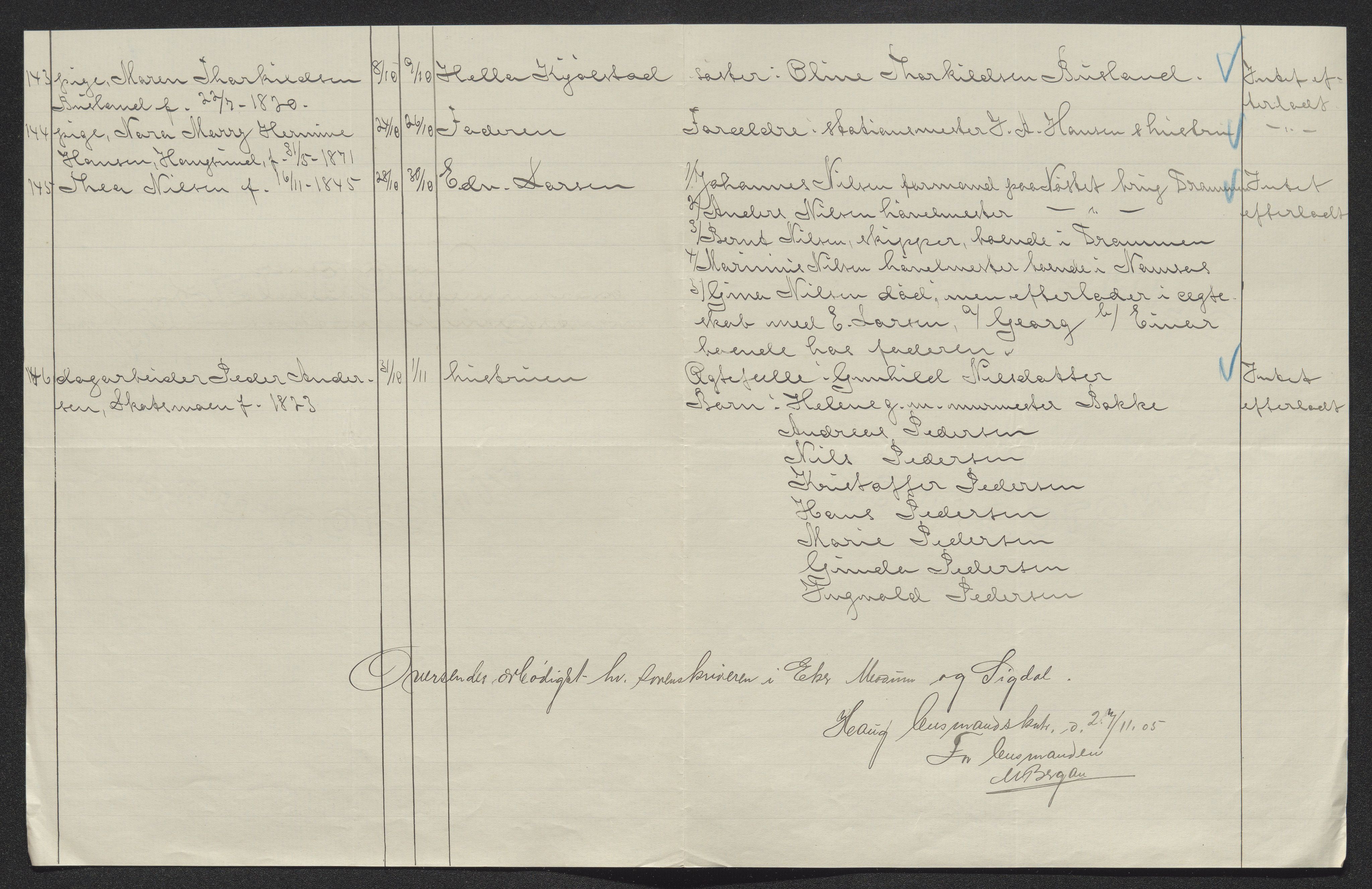 Eiker, Modum og Sigdal sorenskriveri, AV/SAKO-A-123/H/Ha/Hab/L0030: Dødsfallsmeldinger, 1903-1905, s. 905