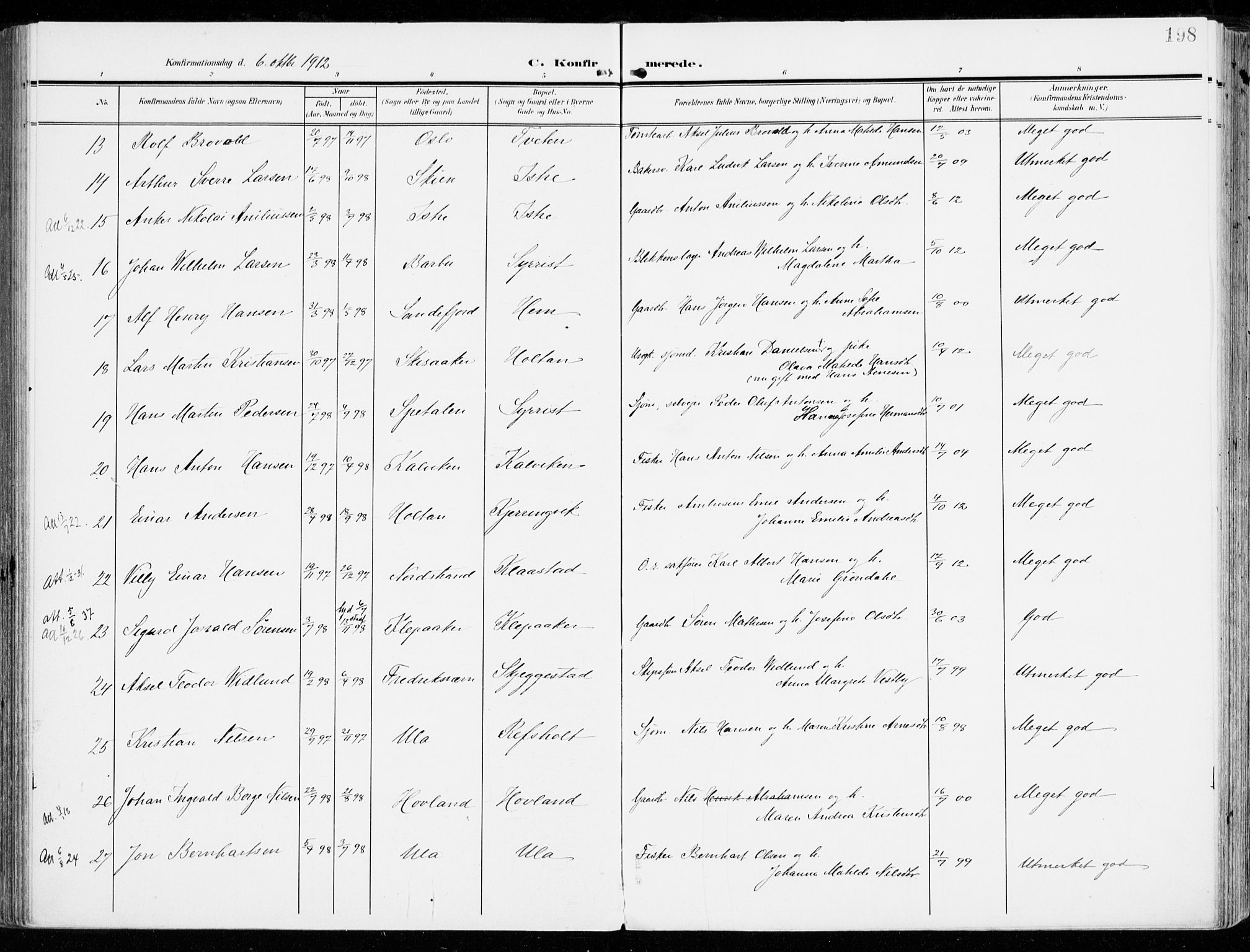 Tjølling kirkebøker, AV/SAKO-A-60/F/Fa/L0010: Ministerialbok nr. 10, 1906-1923, s. 198