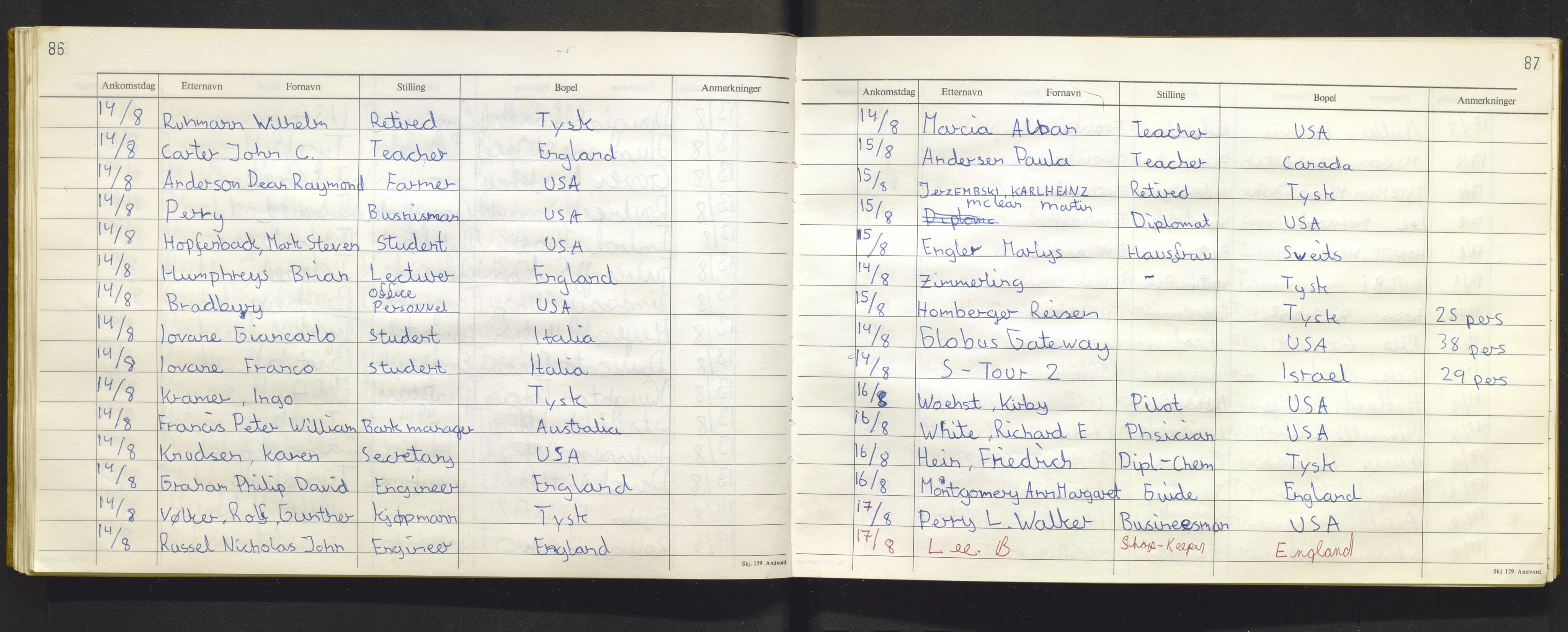 Bergen politikammer / politidistrikt, AV/SAB-A-60401/J.f/L0009: Fremmedbok for Fantoft sommerhotell, 1984-1985, s. 86-87