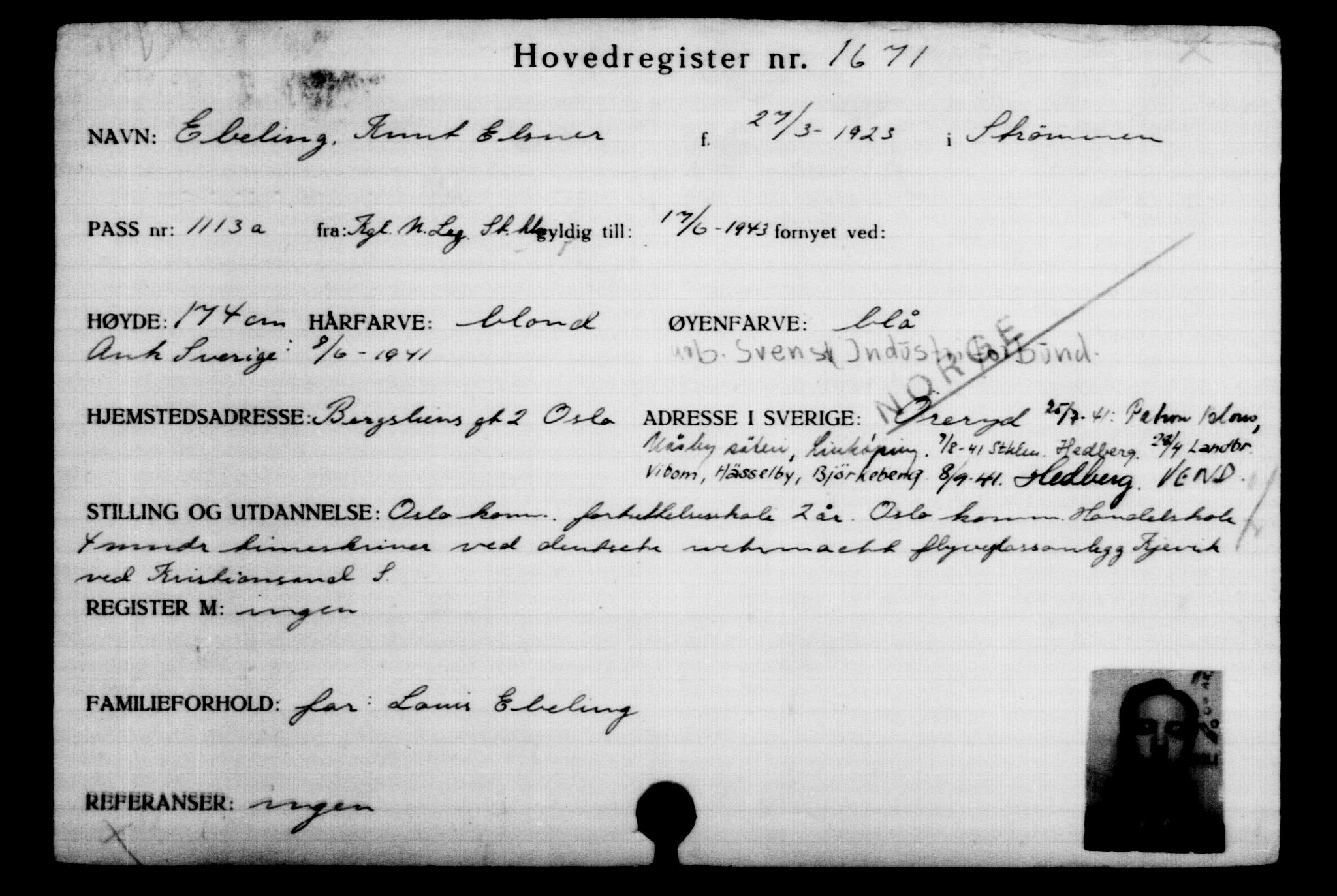 Utenriksstasjonene, Legasjonen i Stockholm, Flyktningkontoret, AV/RA-S-6753/V/Va/L0002: Kjesäterkartoteket, flyktninger med registreringsnr. 1001-2000, 1940-1945, s. 950