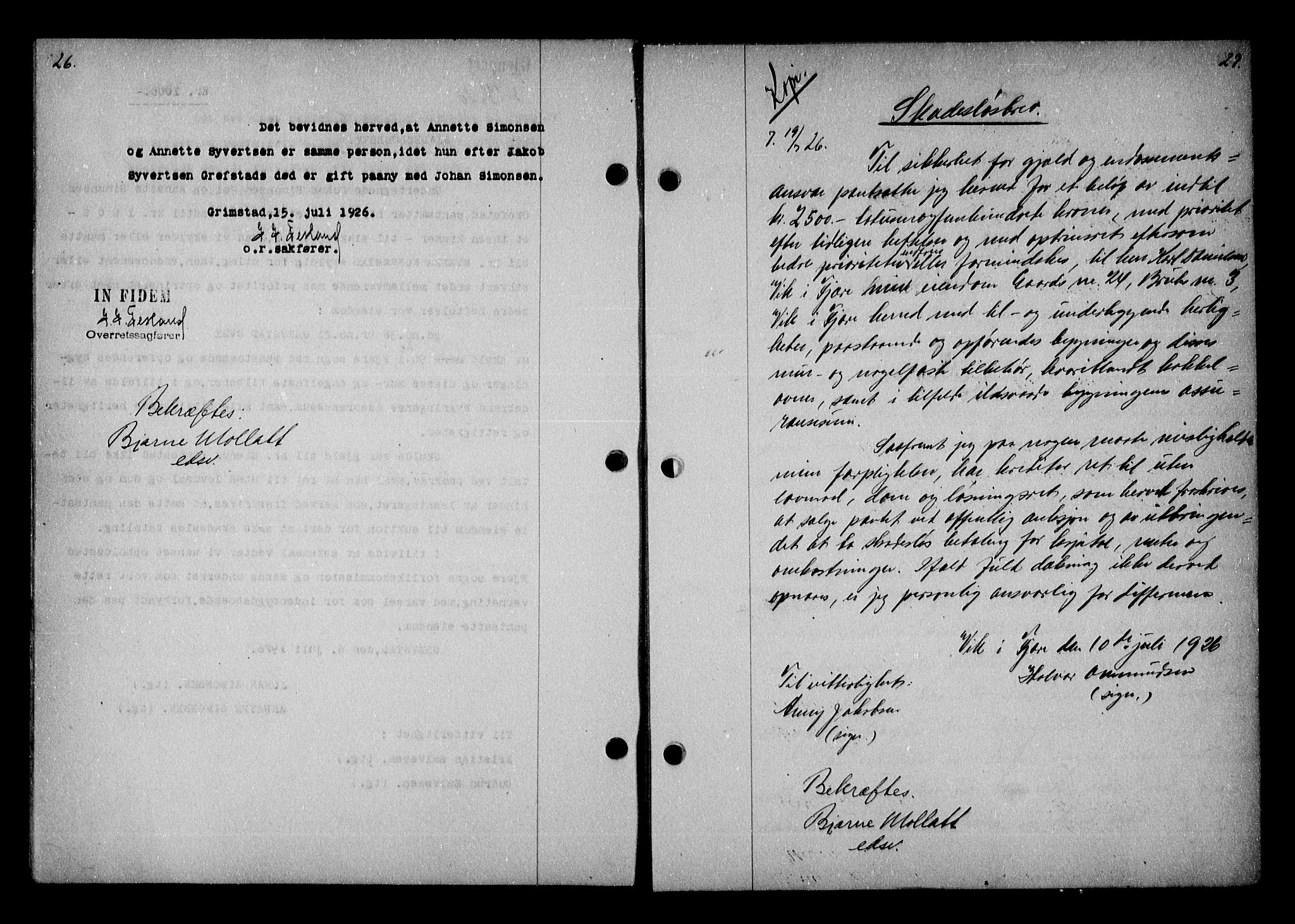 Vestre Nedenes/Sand sorenskriveri, AV/SAK-1221-0010/G/Gb/Gba/L0036: Pantebok nr. 62, 1926-1928, s. 26-27