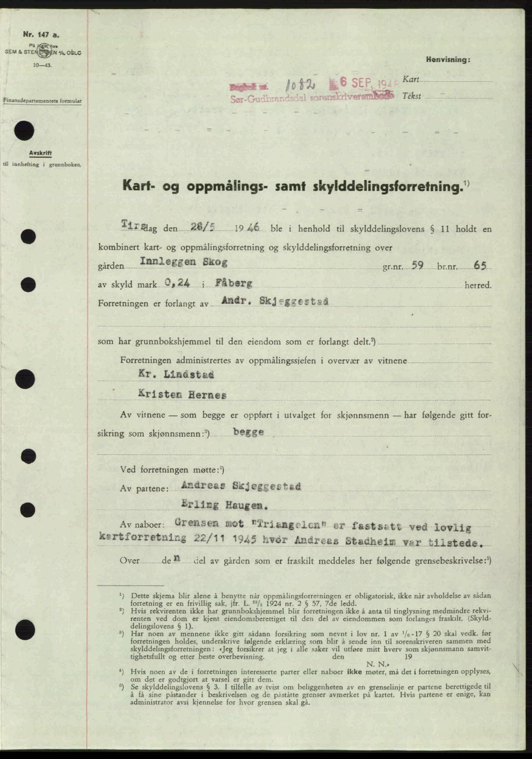 Sør-Gudbrandsdal tingrett, SAH/TING-004/H/Hb/Hbd/L0016: Pantebok nr. A16, 1946-1946, Dagboknr: 1082/1946