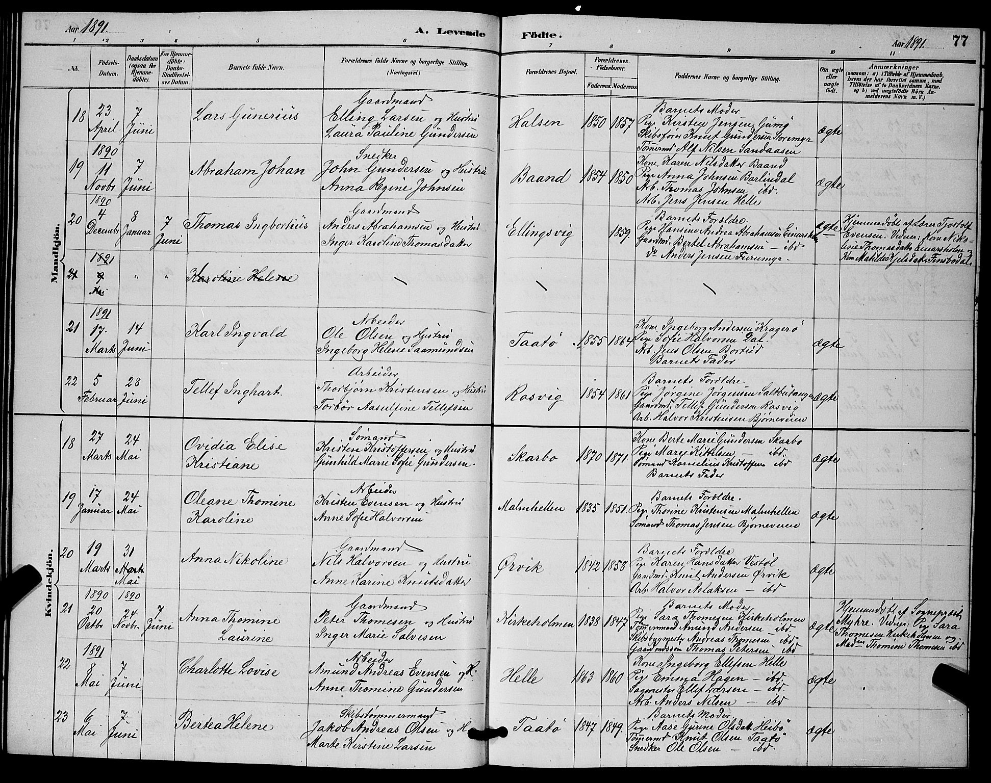 Skåtøy kirkebøker, AV/SAKO-A-304/G/Ga/L0003: Klokkerbok nr. I 3, 1884-1898, s. 77