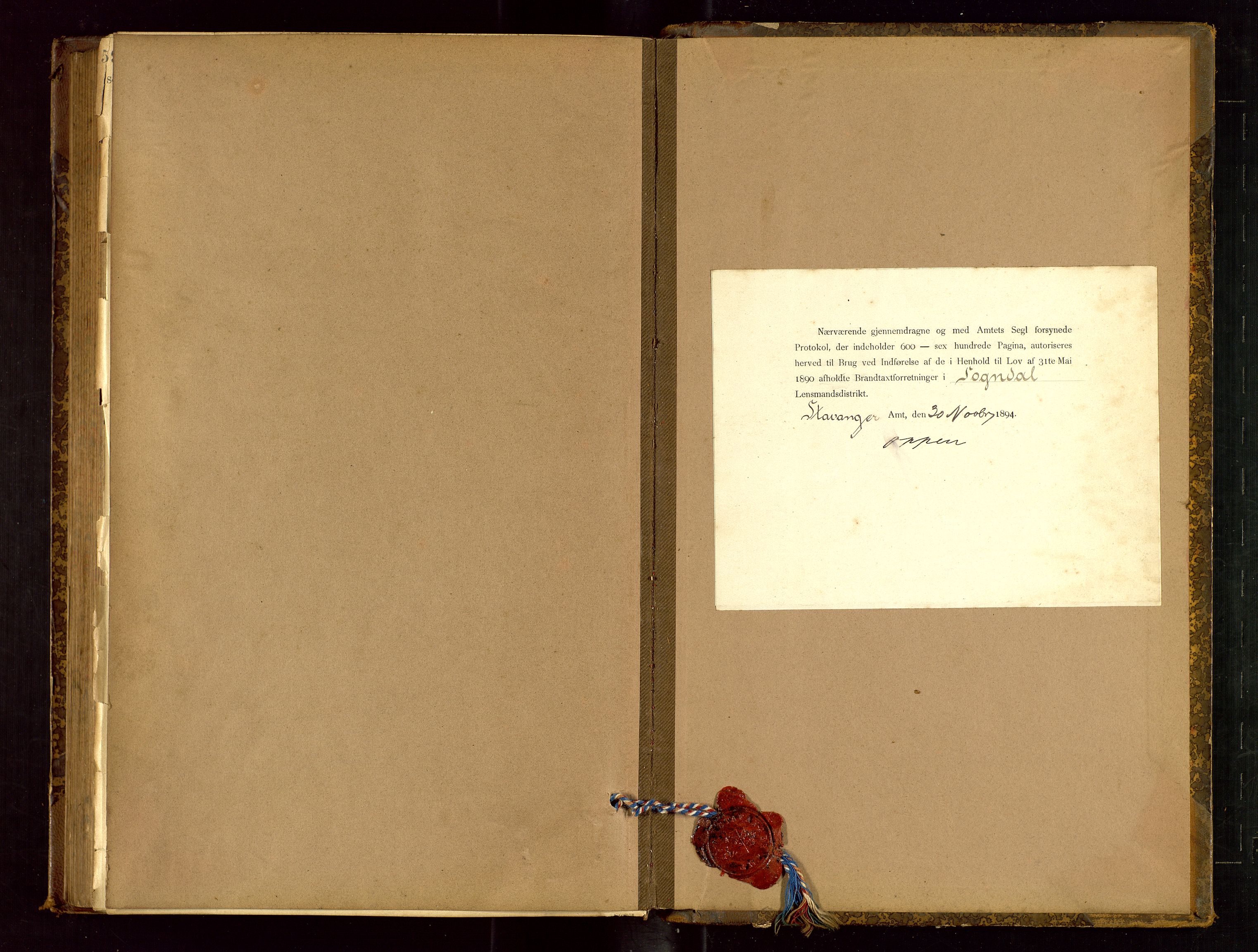 Sokndal lensmannskontor, AV/SAST-A-100417/Gob/L0001: "Brandtaxt-Protokol", 1895-1902